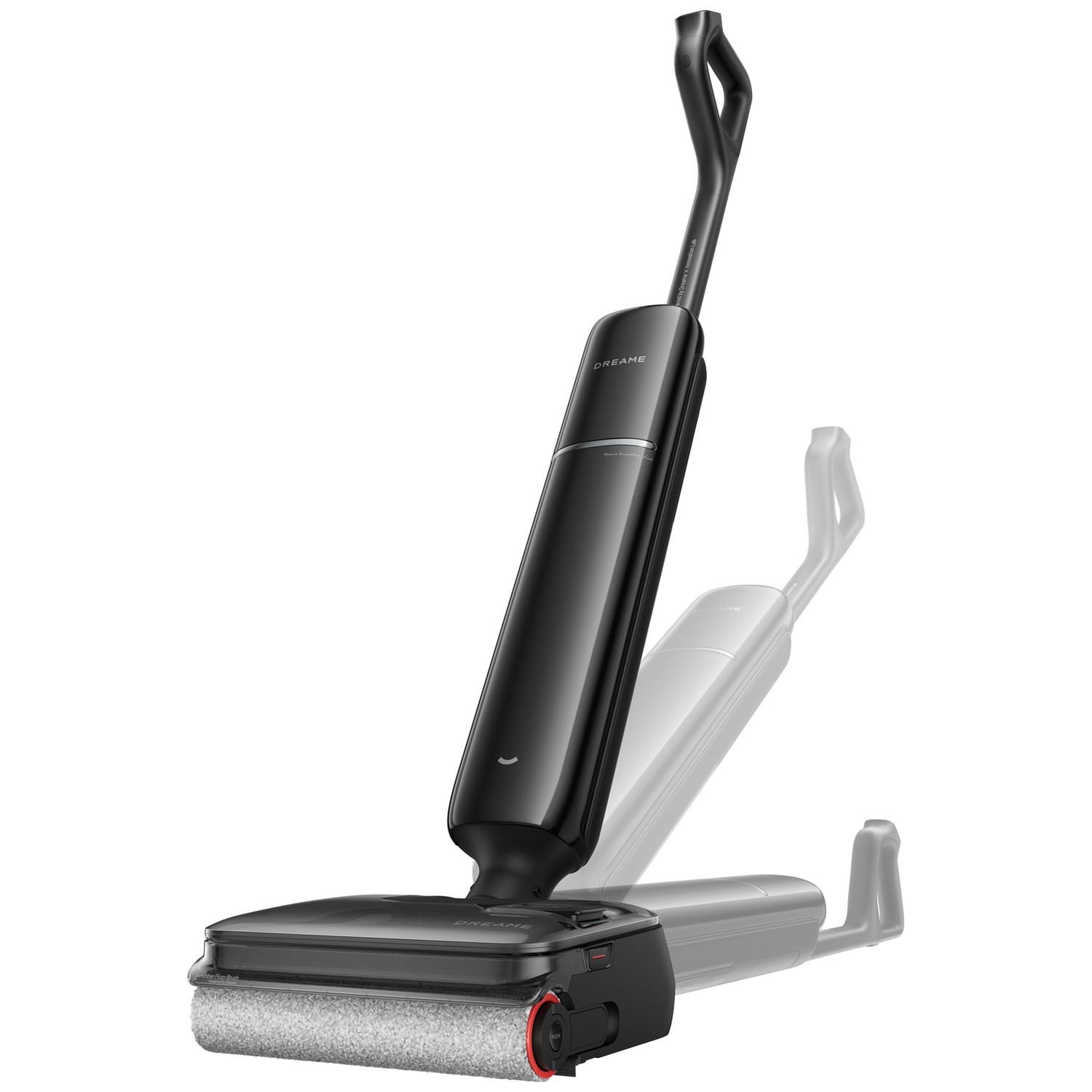 Black wet/dry vacuum cleaner with roller and handle, on a white background.