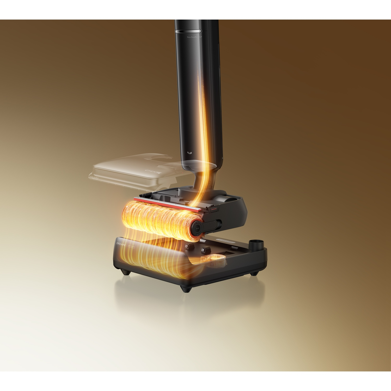 A black vacuum cleaner head with a glowing orange brush roll. A water tank is positioned next to it.