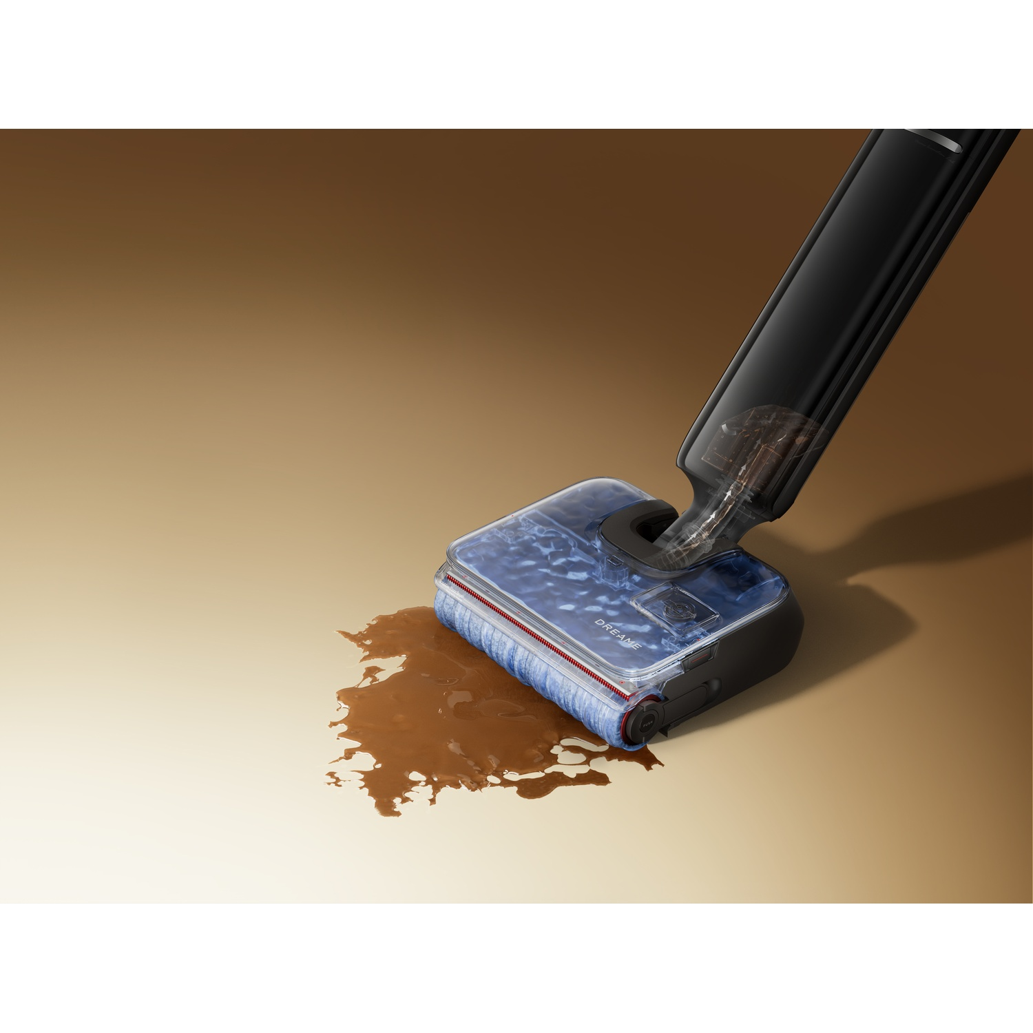 Floor cleaning device vacuums brown liquid from a light-colored floor.