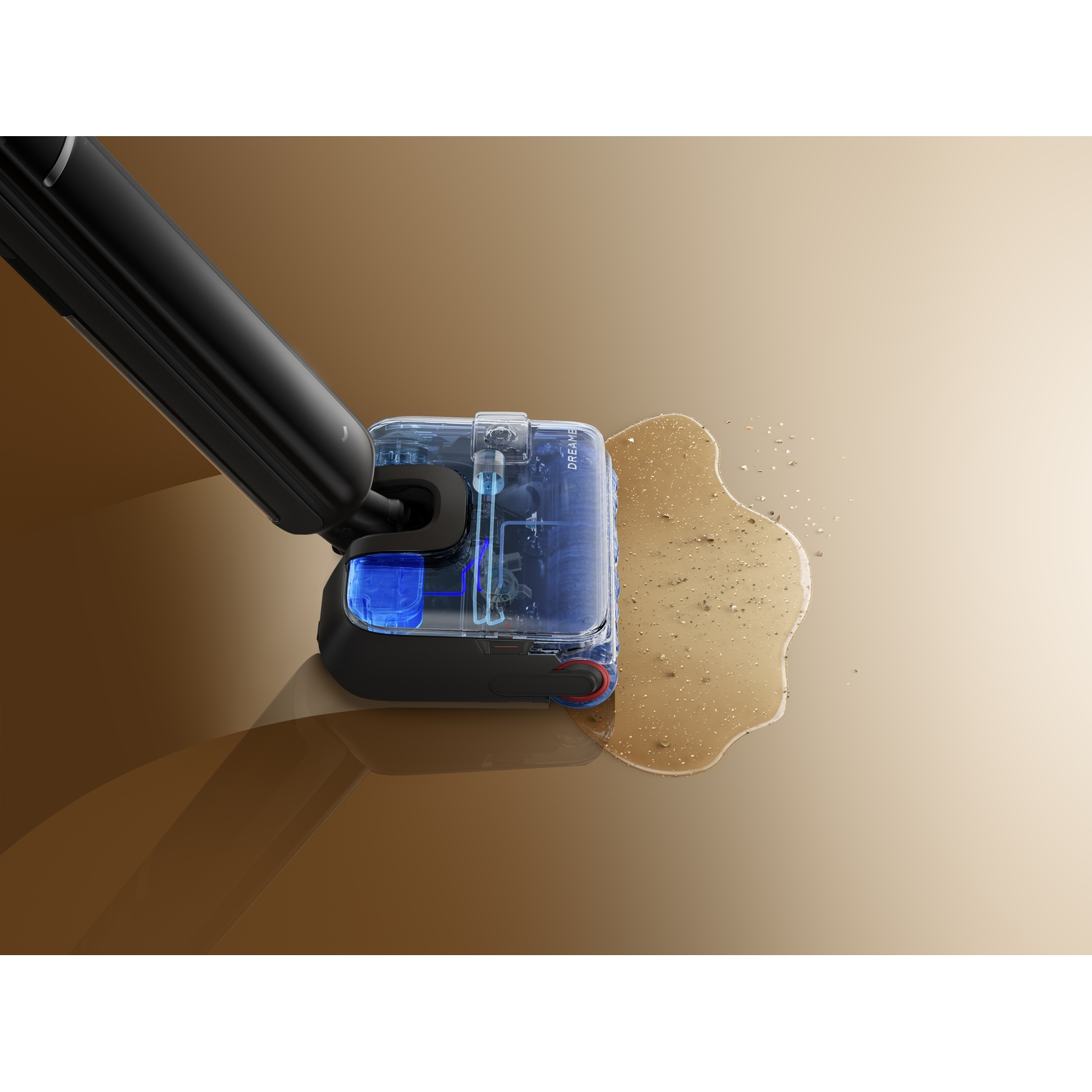 A black handle connects to a transparent wet/dry cleaner on the floor.