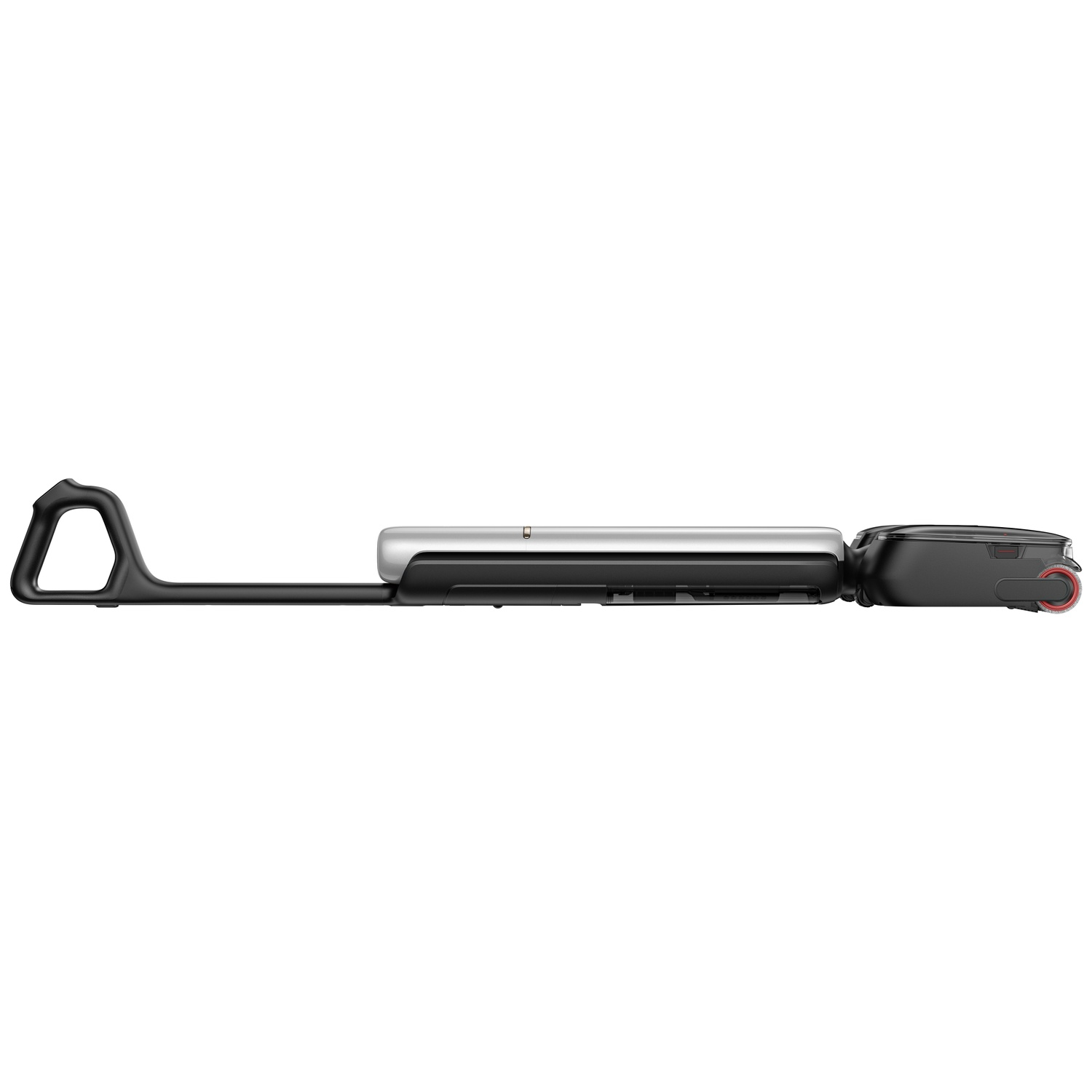 Black handle and silver case of a suitcase on a white background.