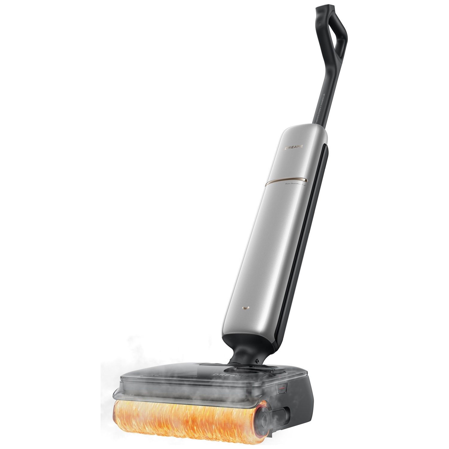 A silver wet dry vacuum with a rotating brush creating steam.
