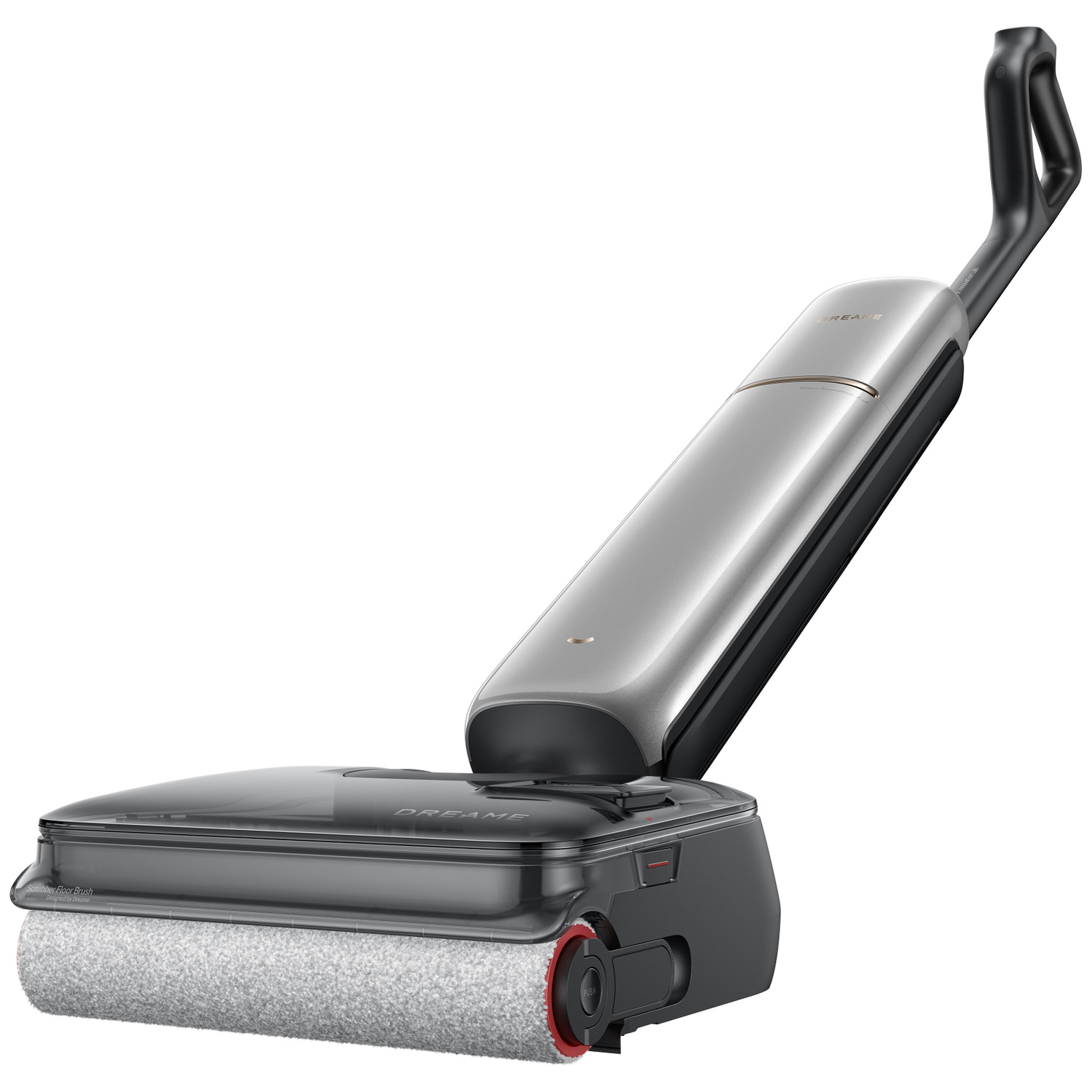 A silver and black wet/dry vacuum cleaner with a rotating brush.