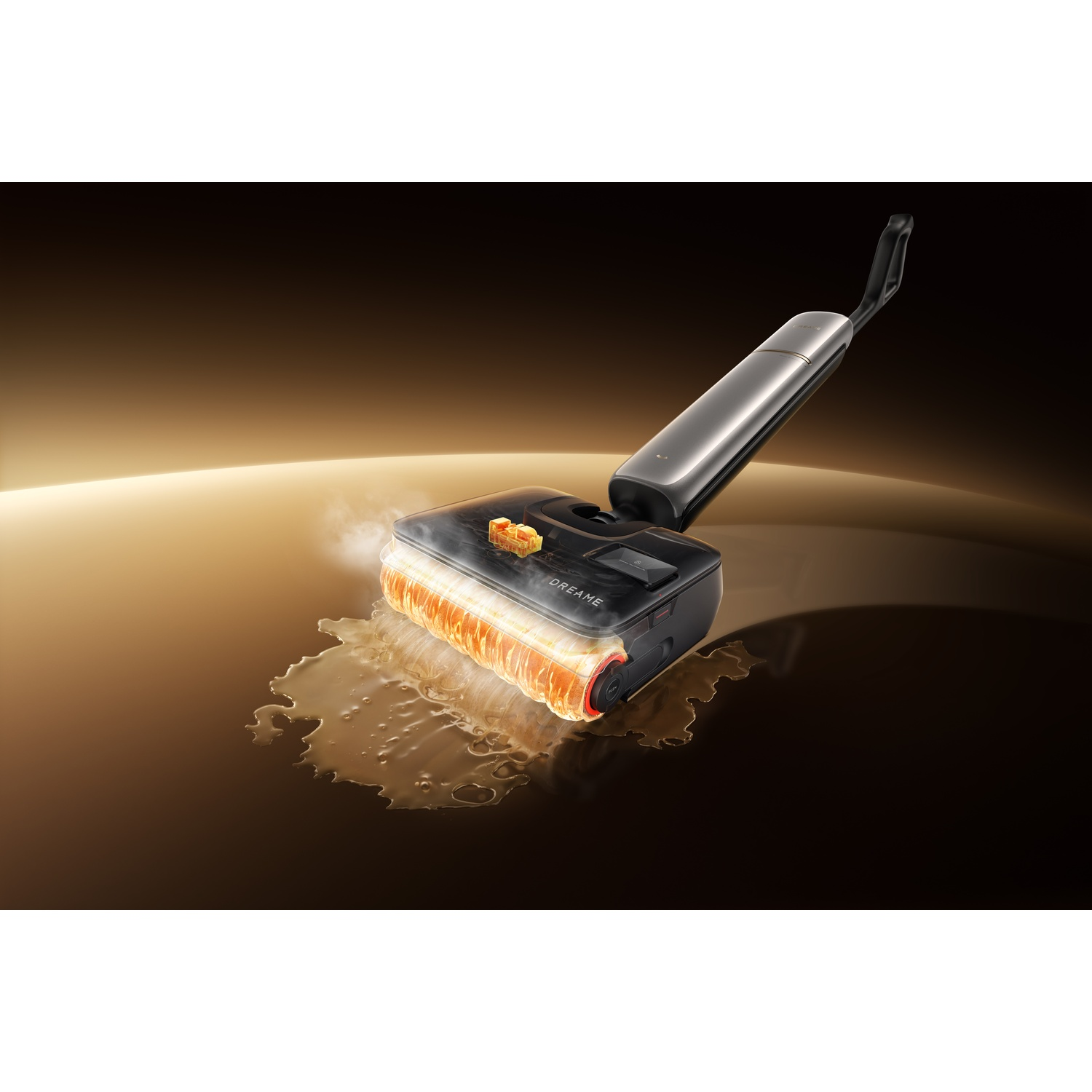 A steam mop with a rotating brush cleaning a liquid spill on the floor.