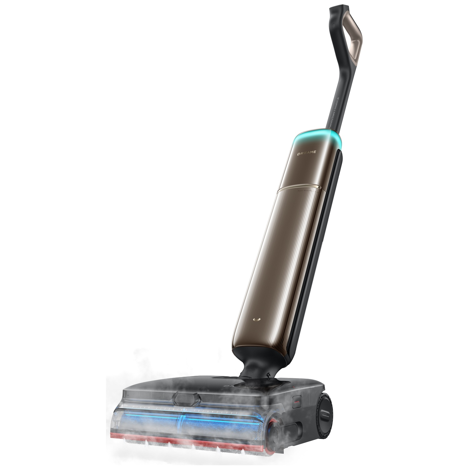 A modern, bronze wet dry vacuum with blue light on the handle and steam function.