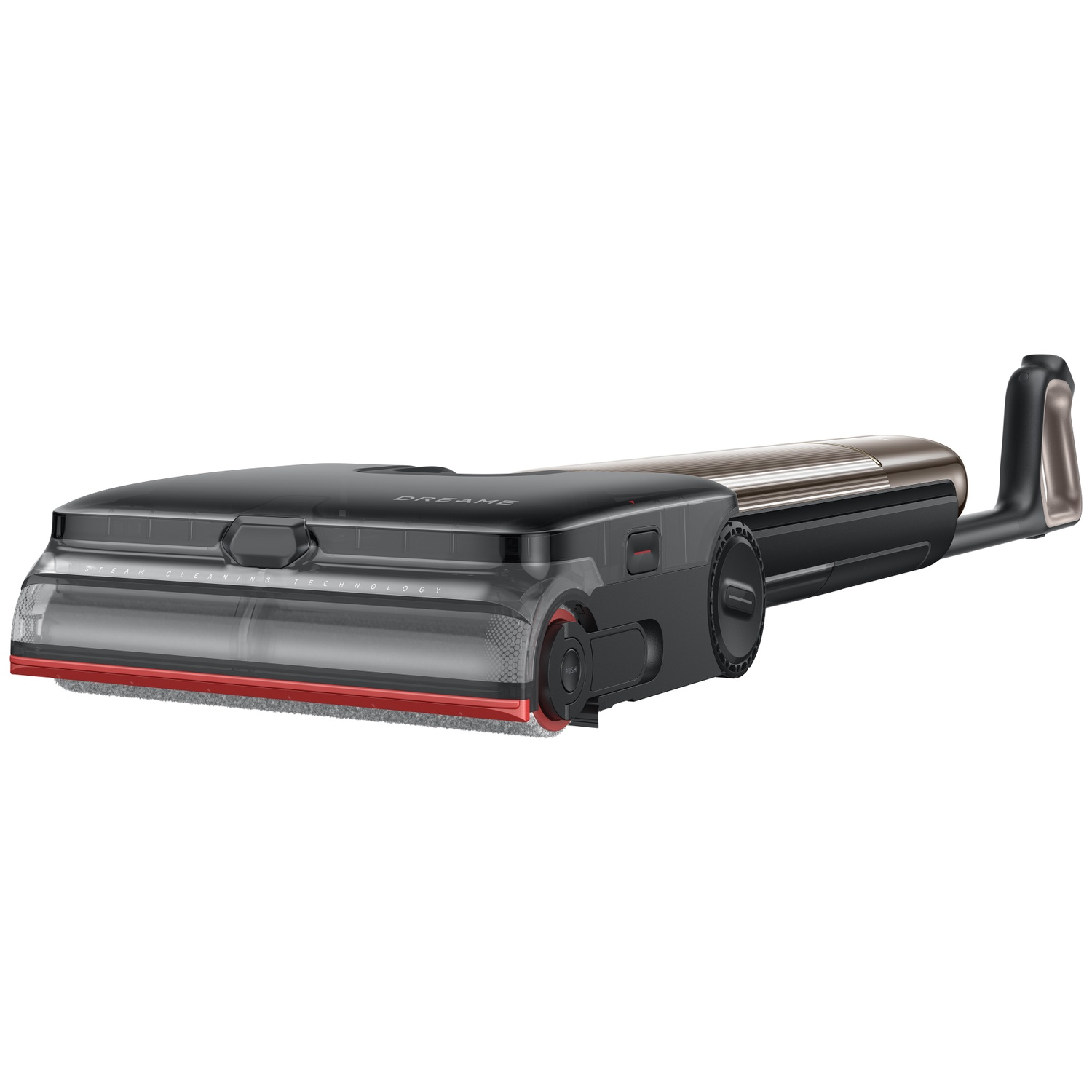 A black steam cleaner with red accents and a handle.