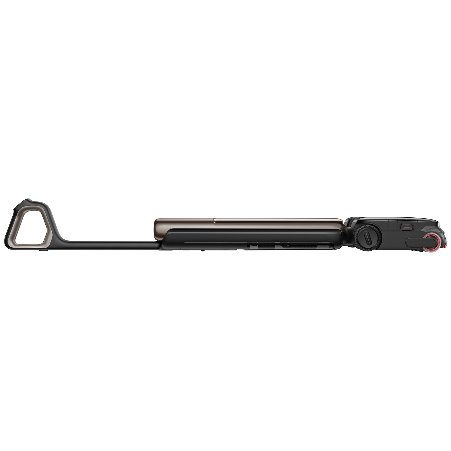 A black and gray gimbal with a brown handle lying on a white background.