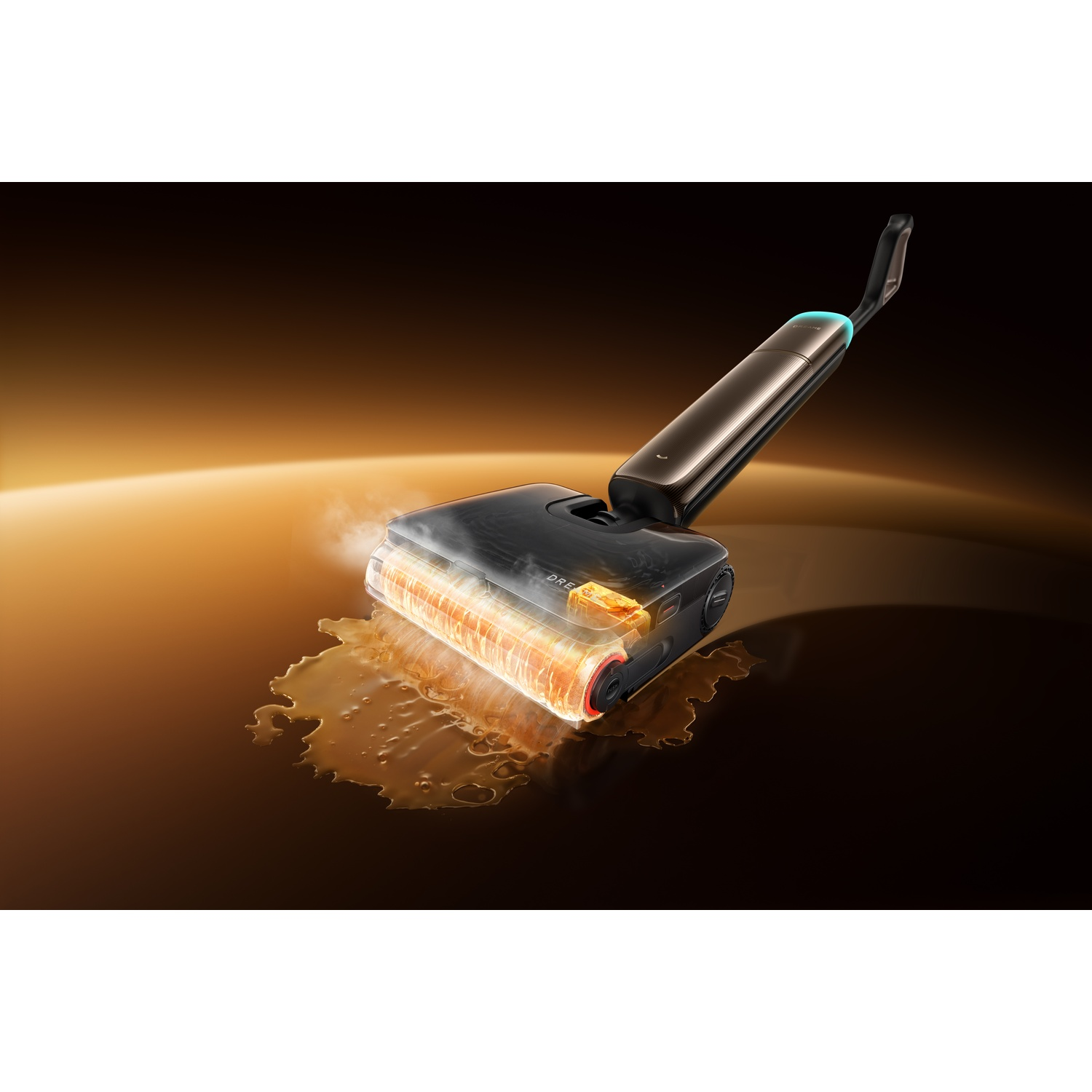 A dark vacuum cleaner head with a glowing orange roller cleans a brown liquid spill.