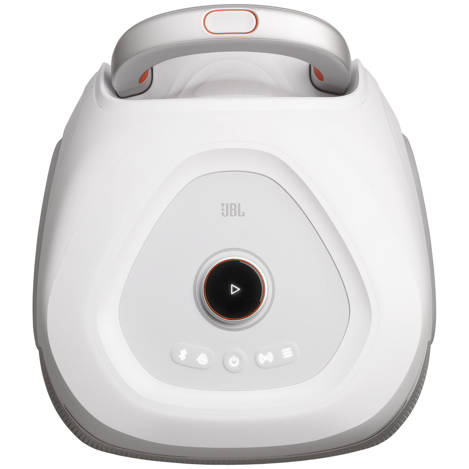 Witte JBL speaker met handvat en play-knop.