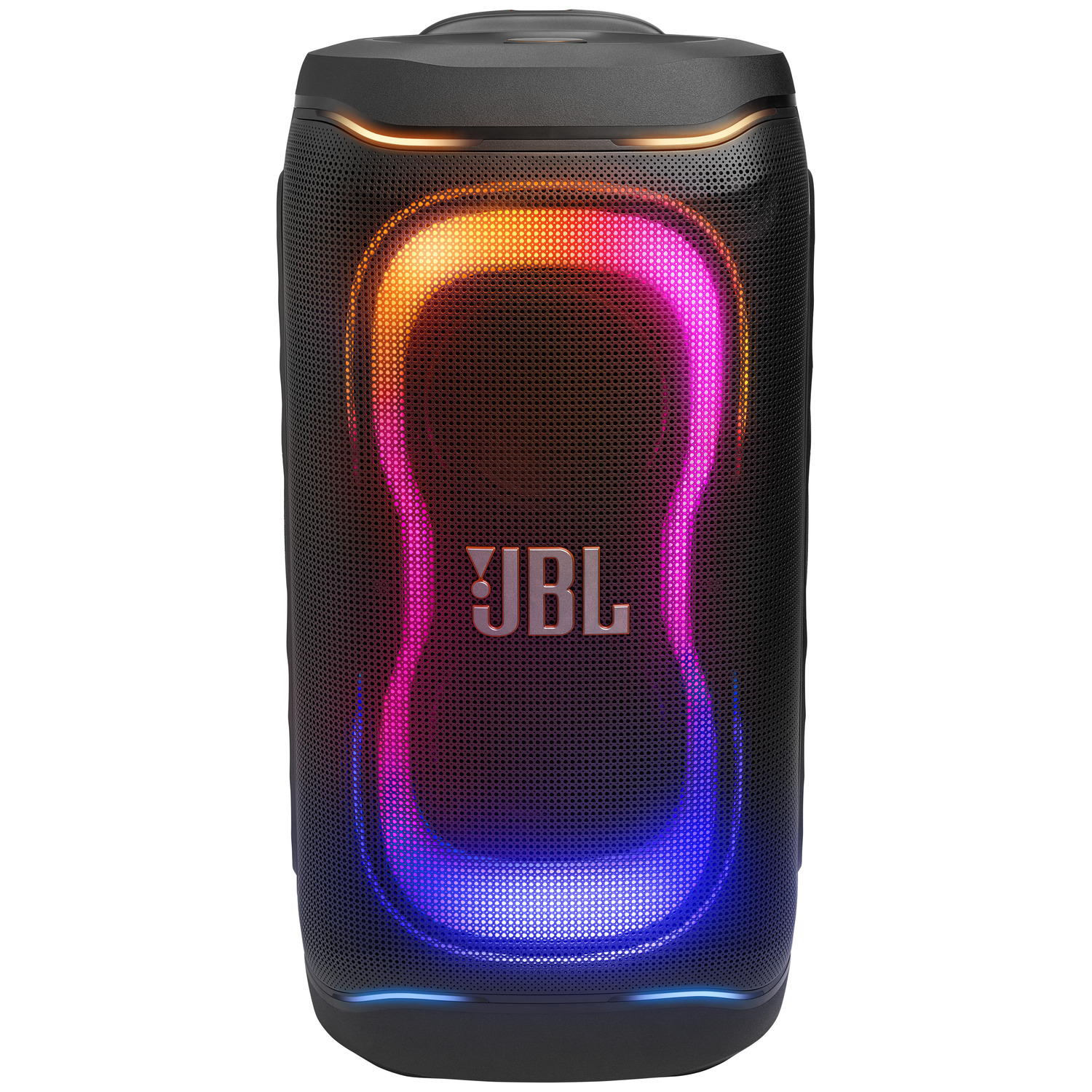 Zwarte JBL Bluetooth speaker met kleurrijke LED-verlichting.