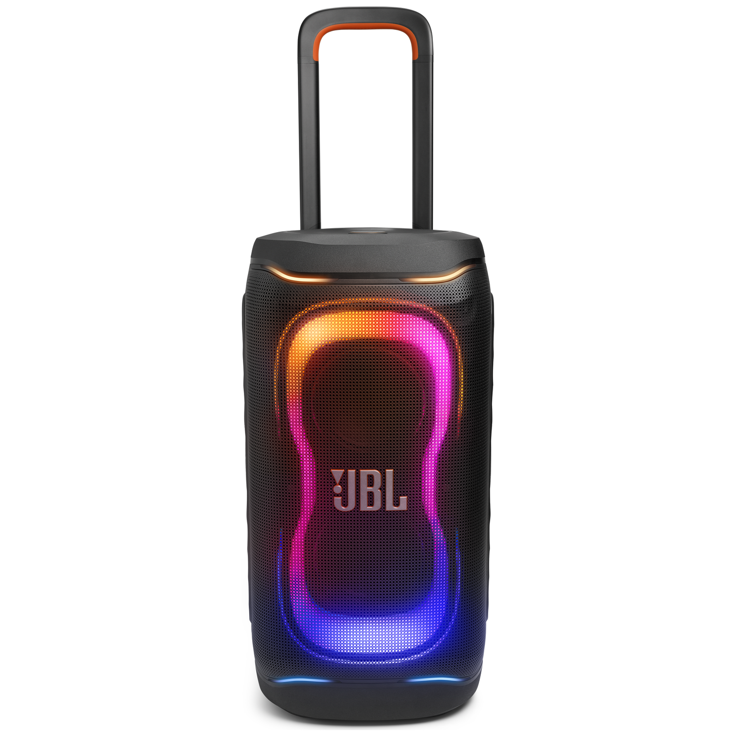 Zwarte JBL speaker met uitschuifbaar handvat en kleurrijke pulserende lichten.