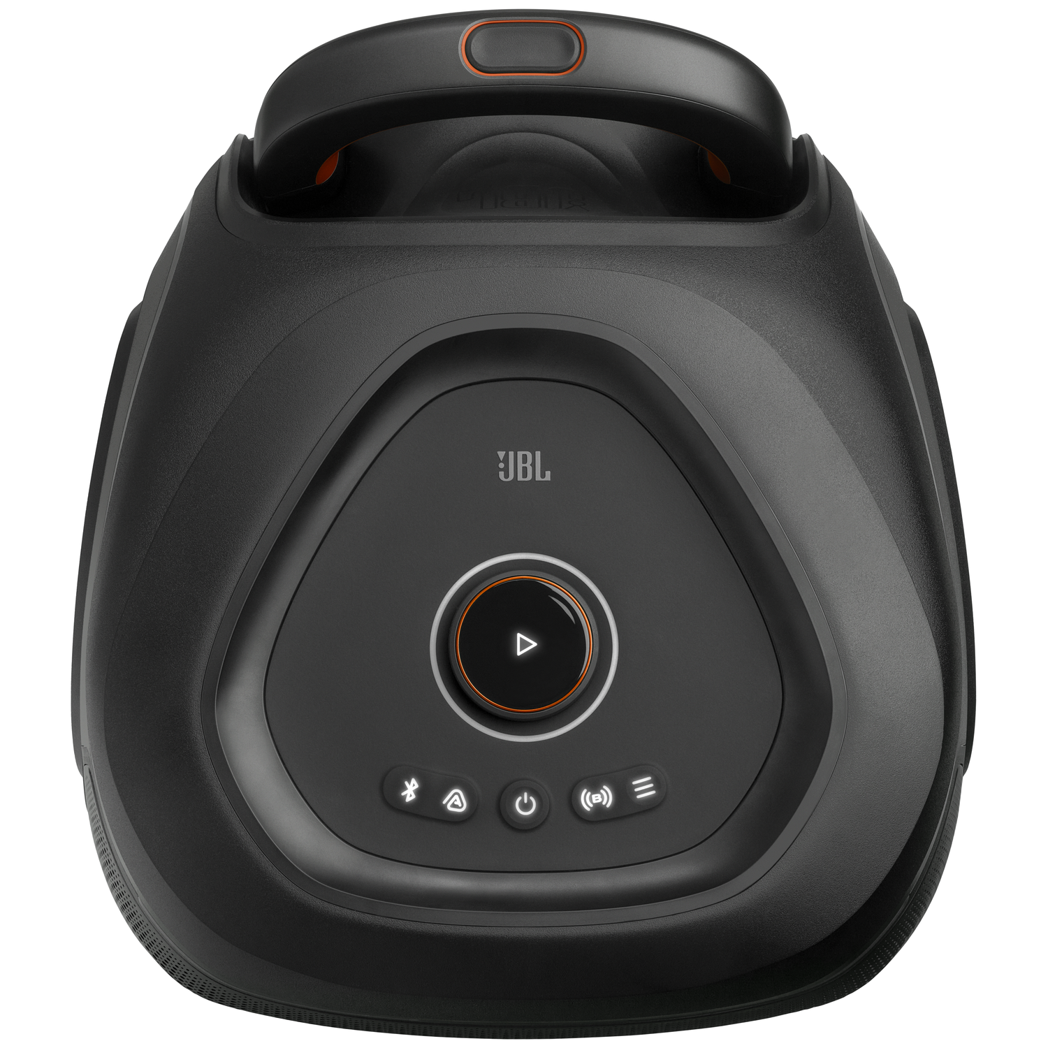 Een zwarte JBL draagbare luidspreker met handvat en grote afspeelknop. Knoppen voor aan/uit, Bluetooth en geluidsmodi.