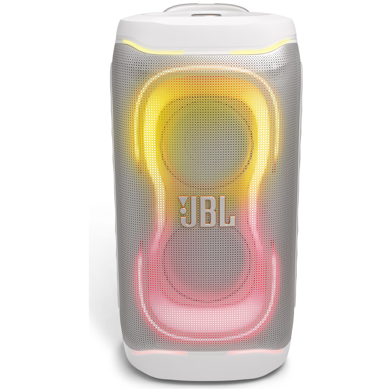 Witte JBL speaker met RGB verlichting, gloeiend geel tot rood.