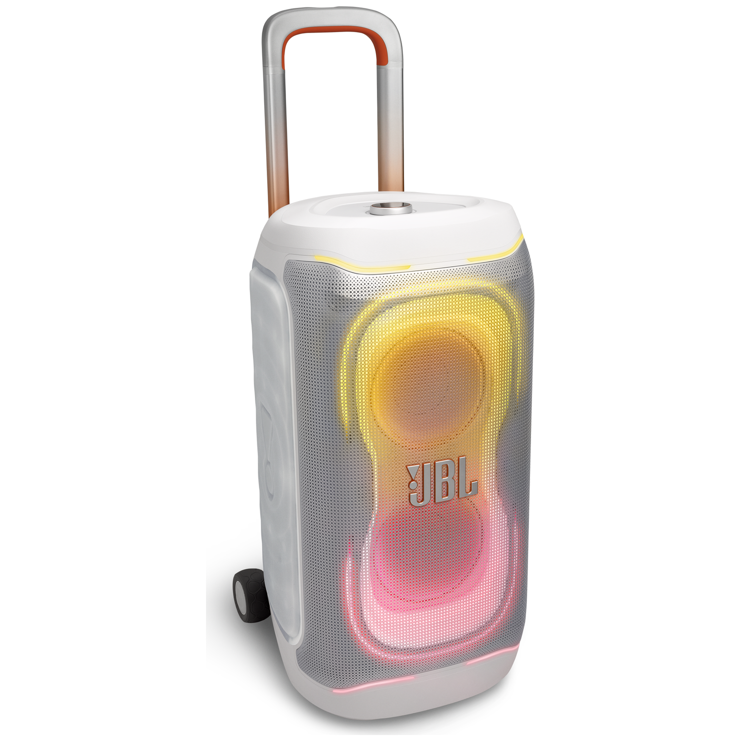 Een witte JBL speaker met trekhendel en wielen, verlicht met gele en roze lampjes.