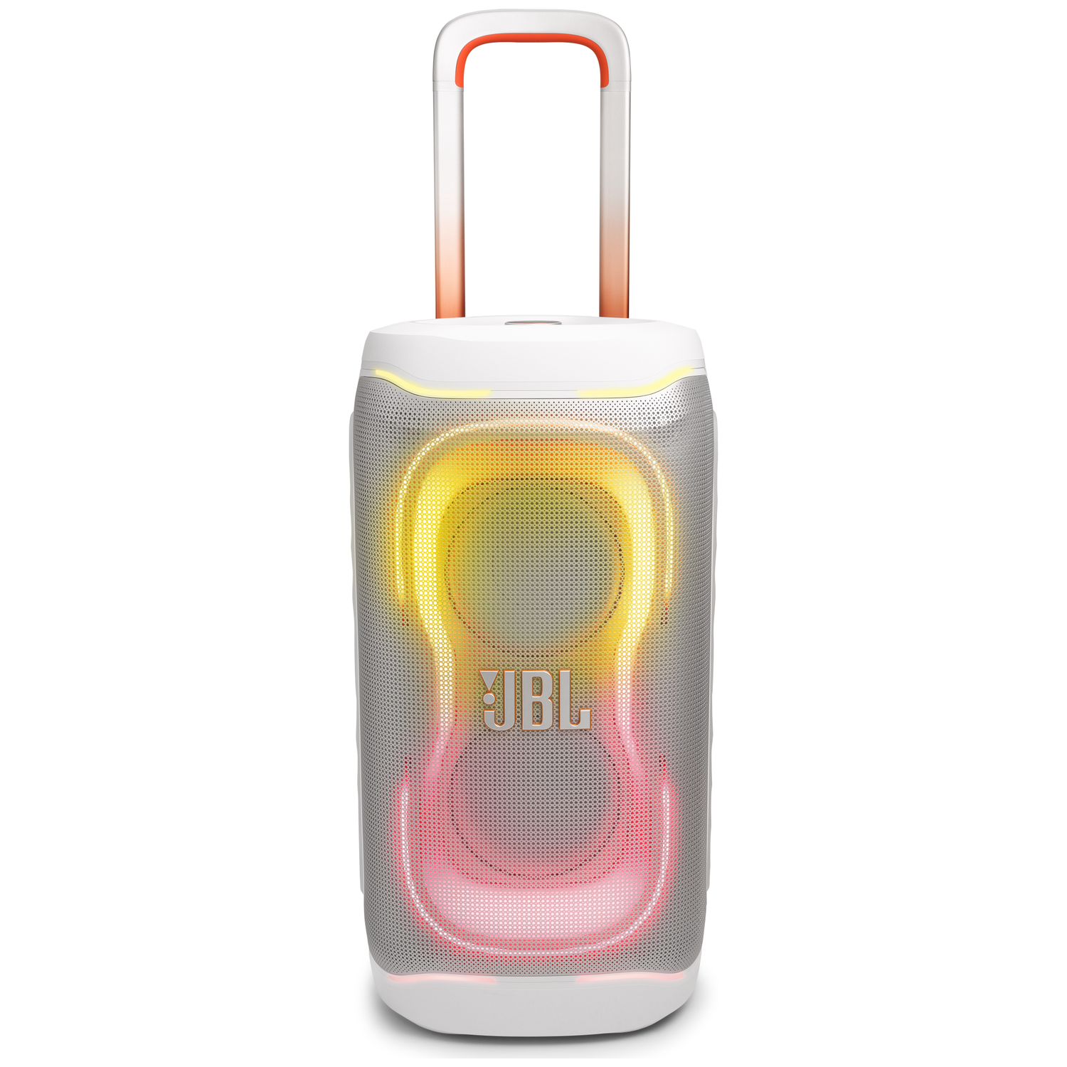 Een witte JBL-luidspreker met handvat en gekleurde lichten.