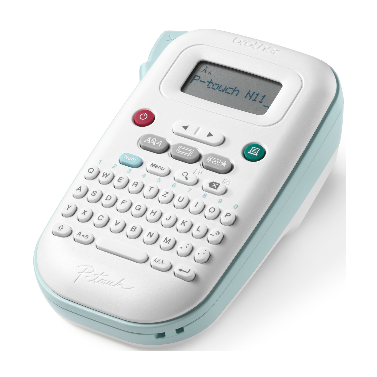 Etichettatrice Brother P-touch bianca con tastiera QWERTY e schermo LCD.