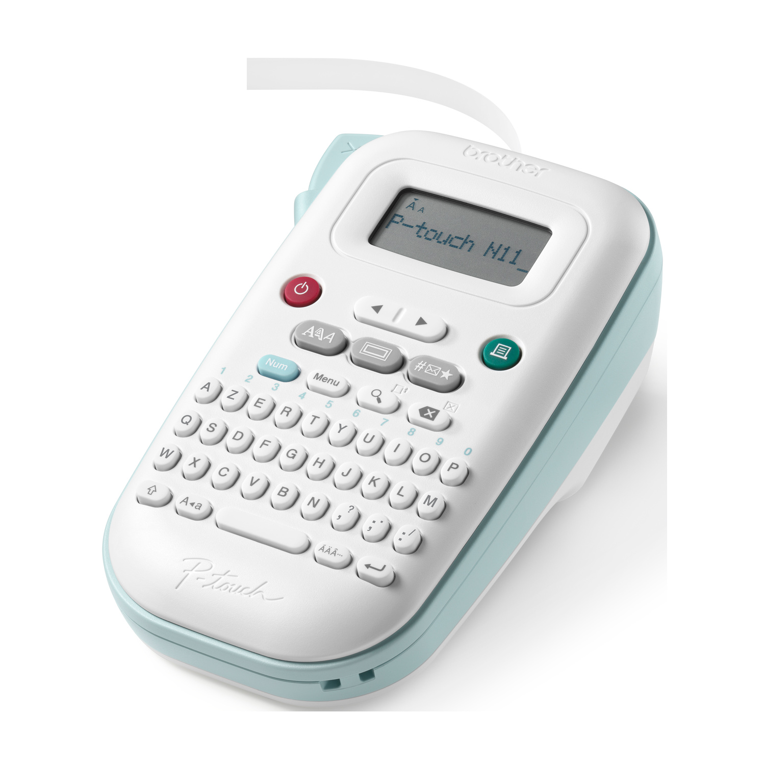 Una etichettatrice Brother P-touch N11 bianca e azzurra con tastiera QWERTY.