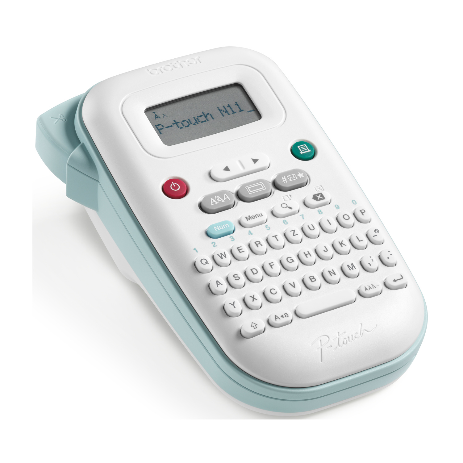 Una etichettatrice Brother P-Touch bianca e blu con tastiera e display.