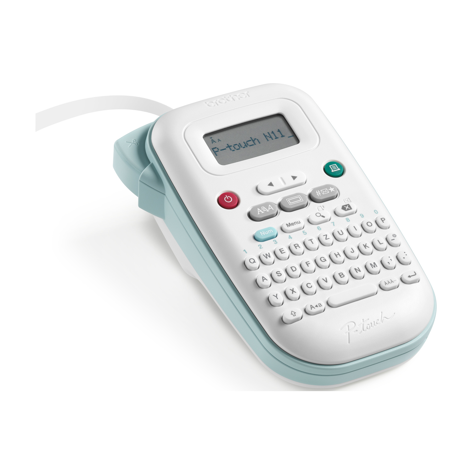 Una stampante per etichette Brother P-touch bianca con base azzurro chiaro e nastro bianco.