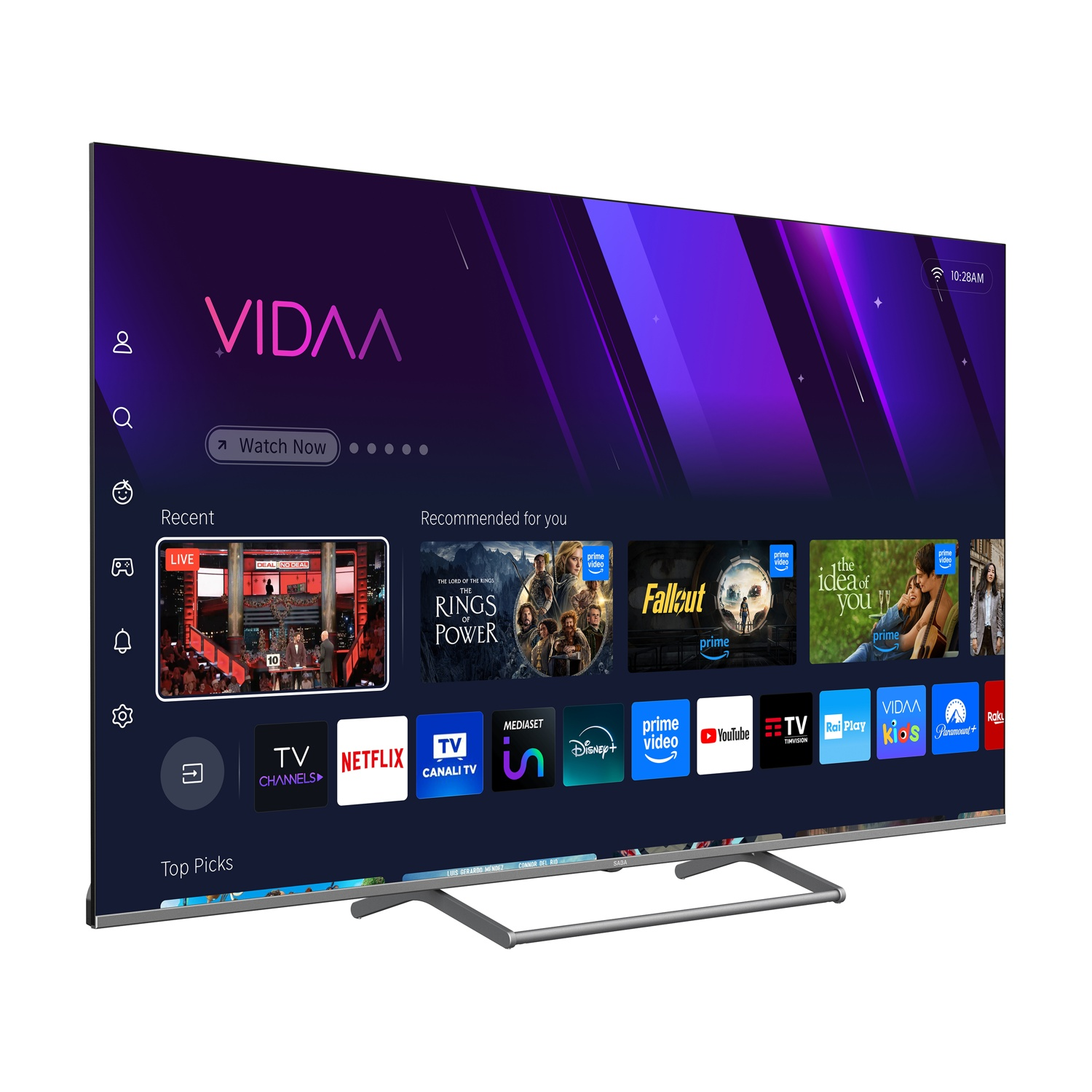 Una TV moderna mostra la schermata principale di VIDAA, con app come Prime Video e Netflix.