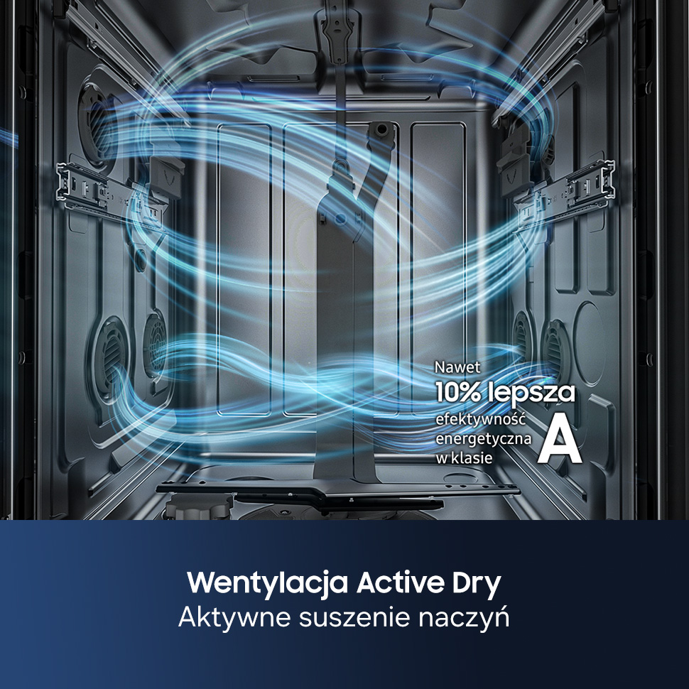 Wnętrze zmywarki z obiegiem powietrza Active Dry i klasą energetyczną A.