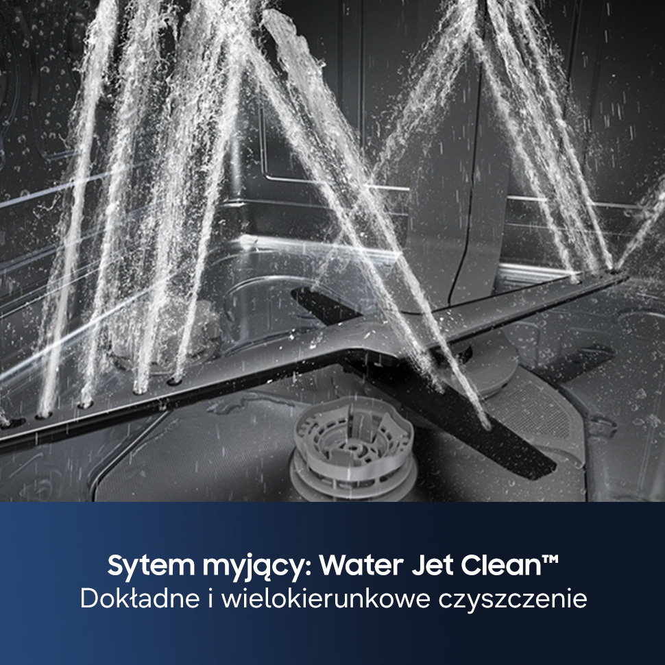 Ramię spryskujące rozpyla wodę wewnątrz zmywarki.