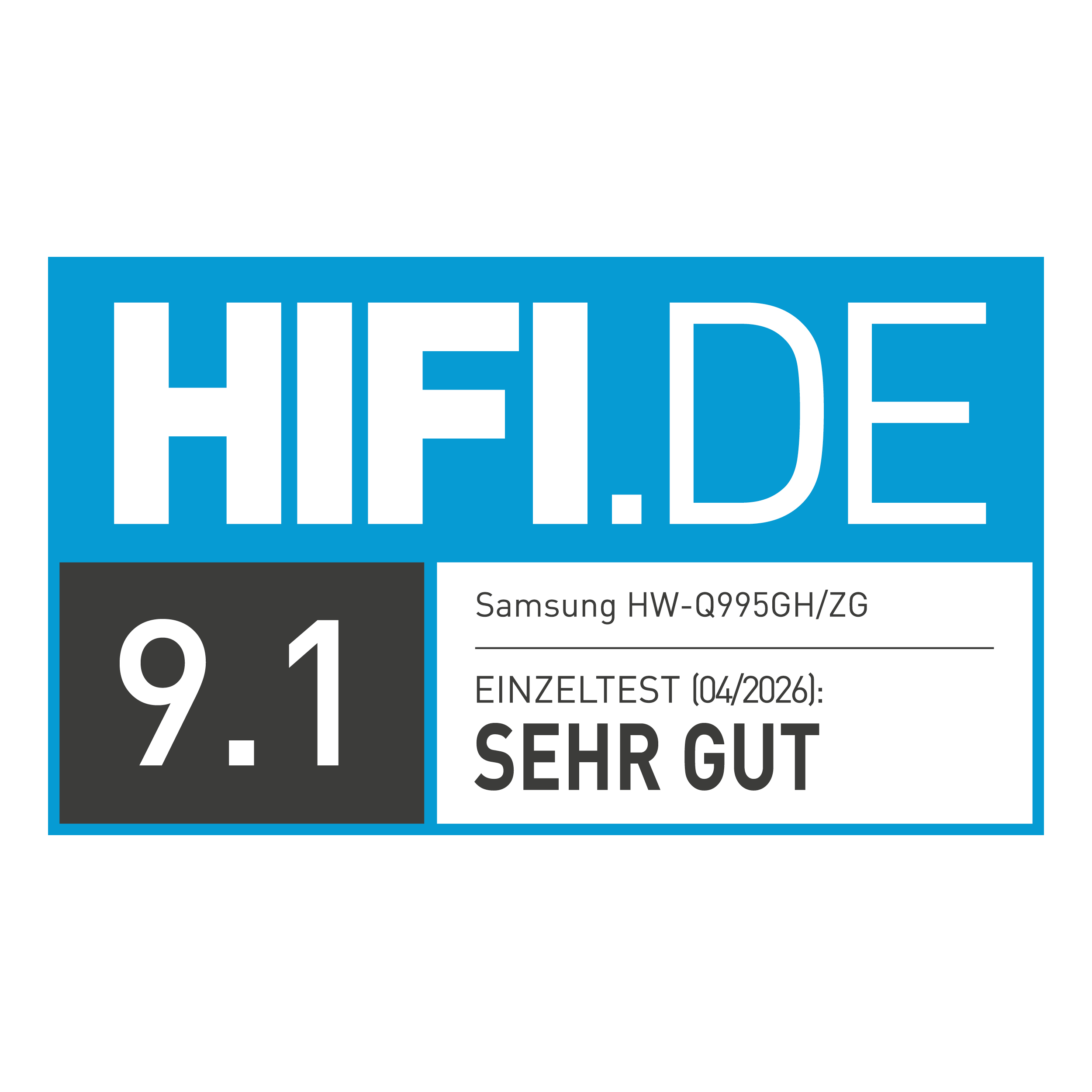 HIFI.DE Logo mit Bewertung 9.1 für Samsung HW-Q995GH/ZG, SEHR GUT.