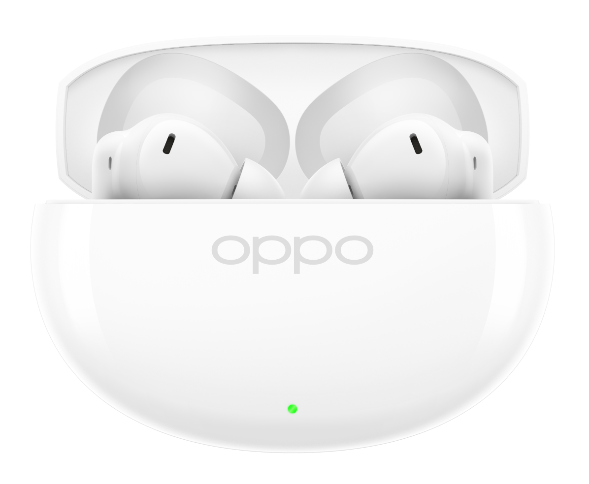 Białe słuchawki OPPO w otwartym etui ładującym z zieloną diodą.