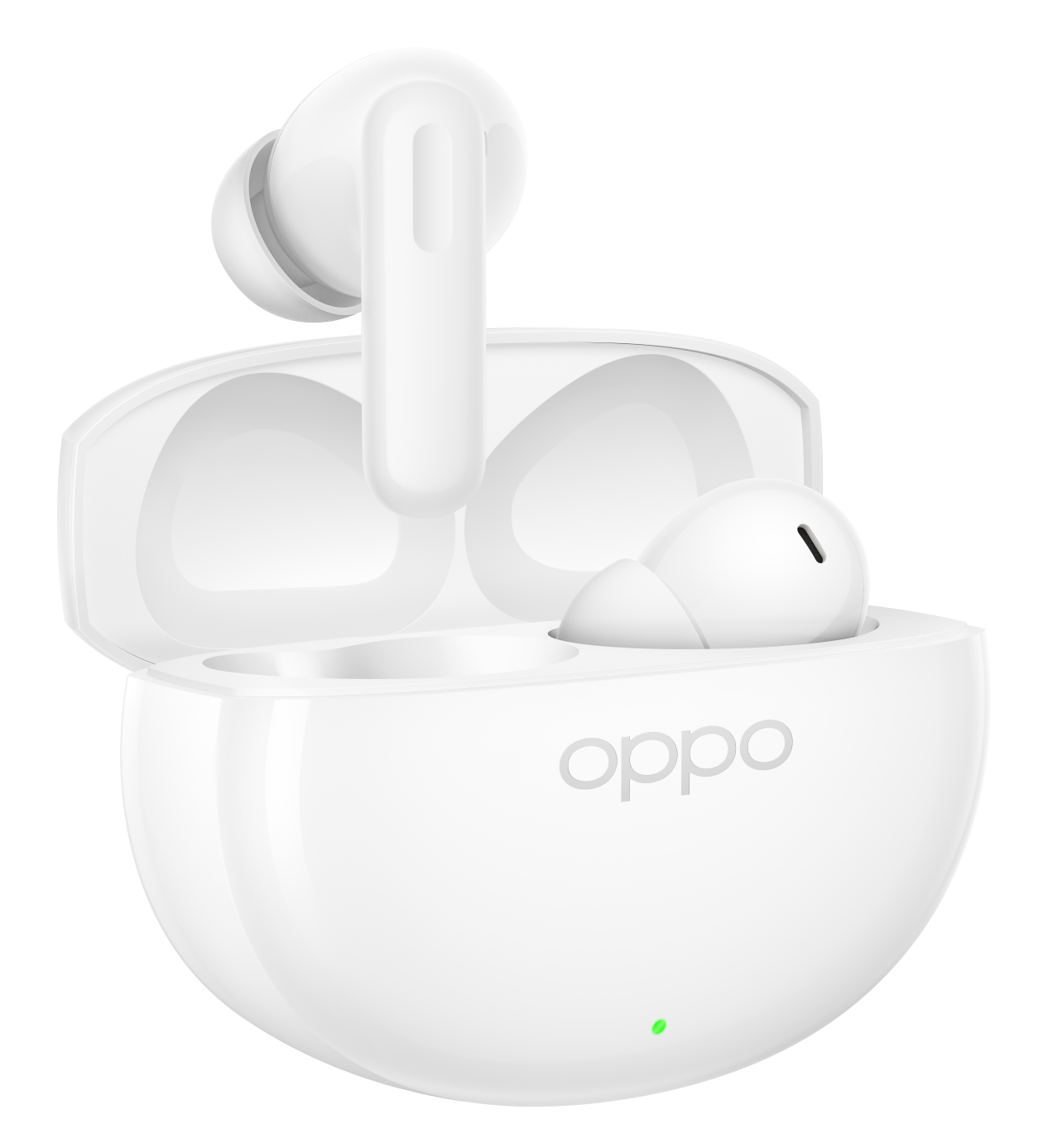 Białe słuchawki bezprzewodowe OPPO i etui ładujące. Jedna słuchawka w etui, druga w ładowarce.