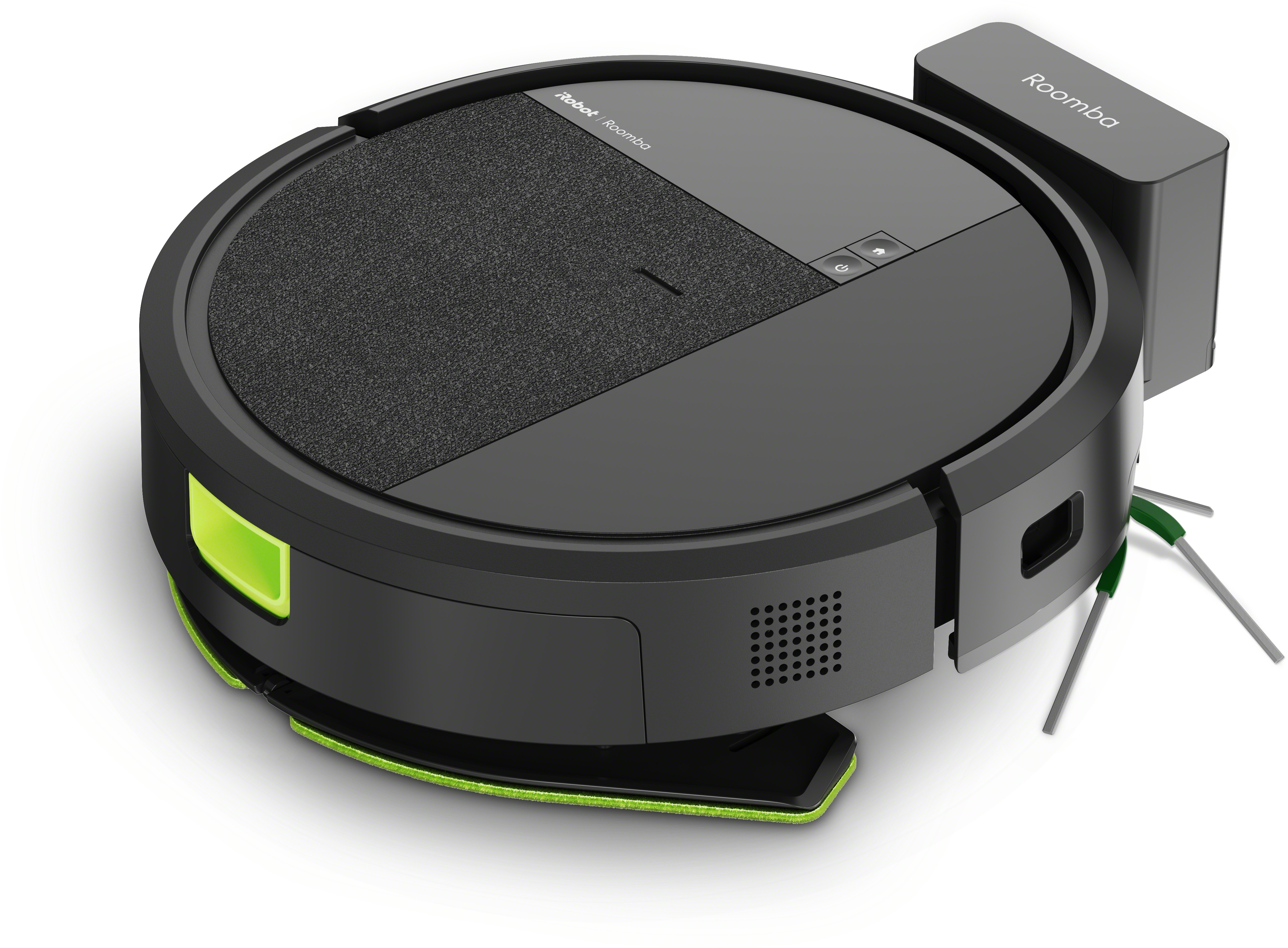 Ein schwarzer, runder Roboterstaubsauger mit Ladestation und grünen Bürsten.