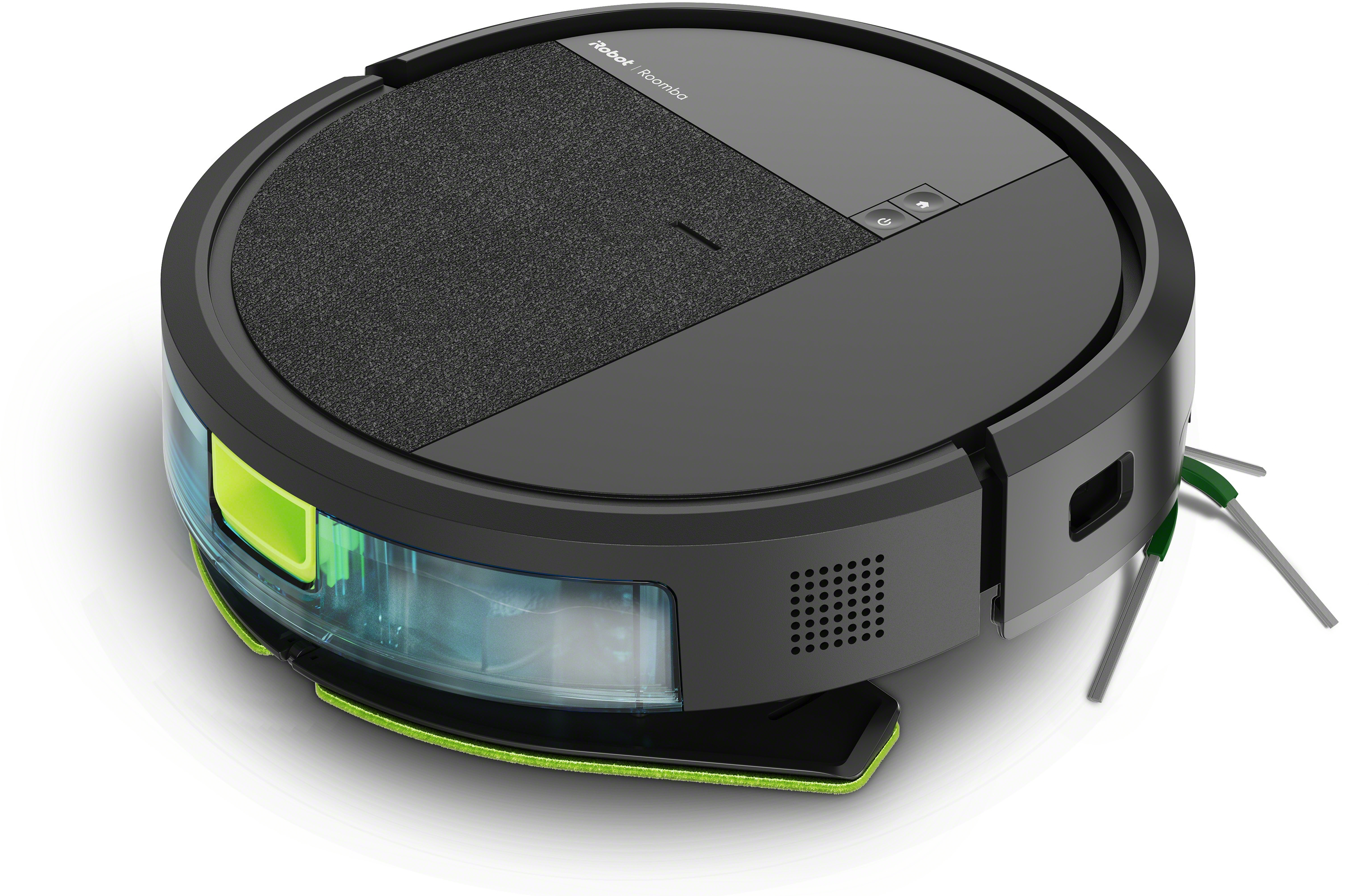 Schwarzer Saugroboter mit transparenter Staubbox und grünen Akzenten auf weißem Hintergrund.