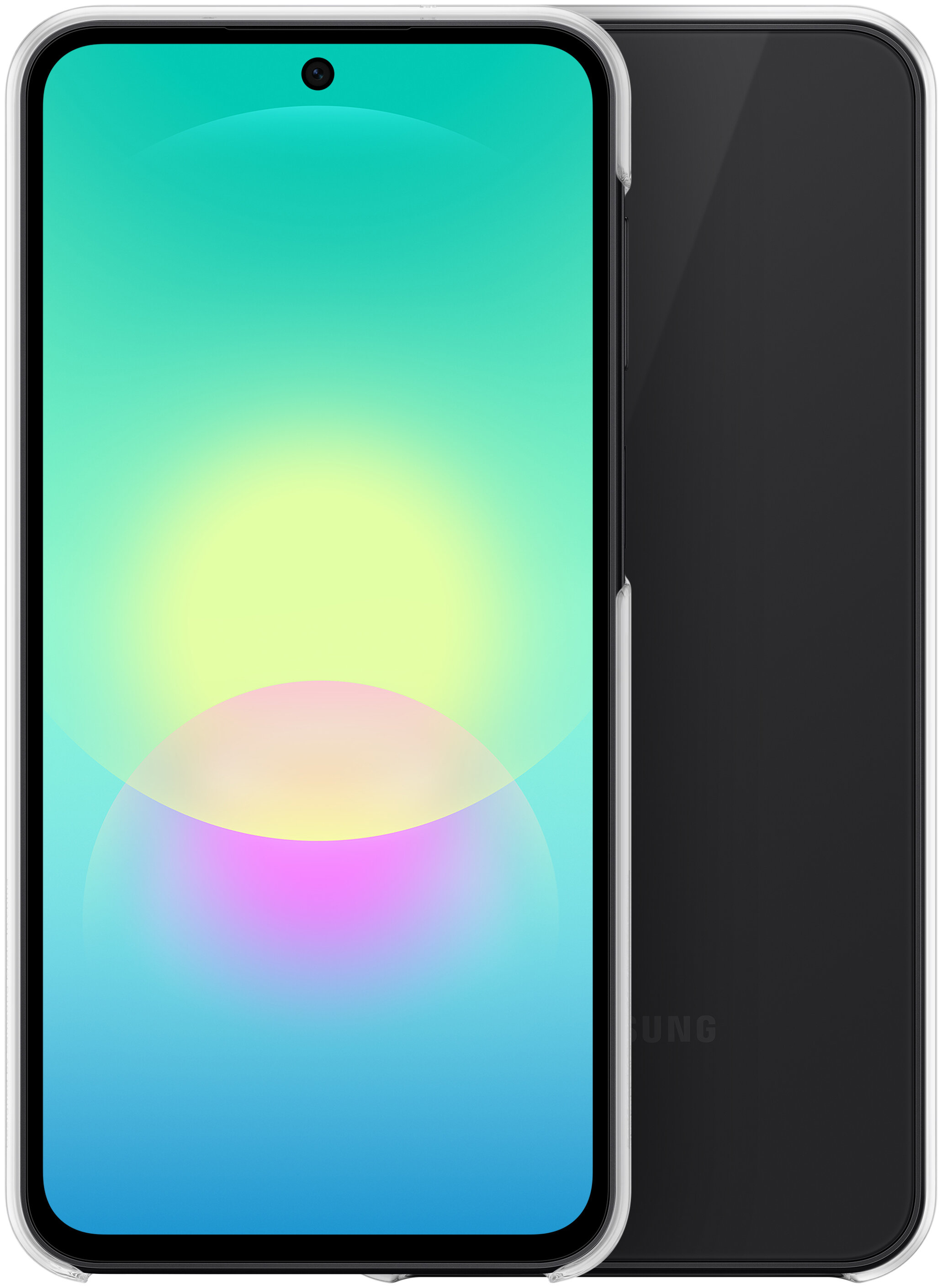 Smartfon w przezroczystym etui z ekranem w gradientach.