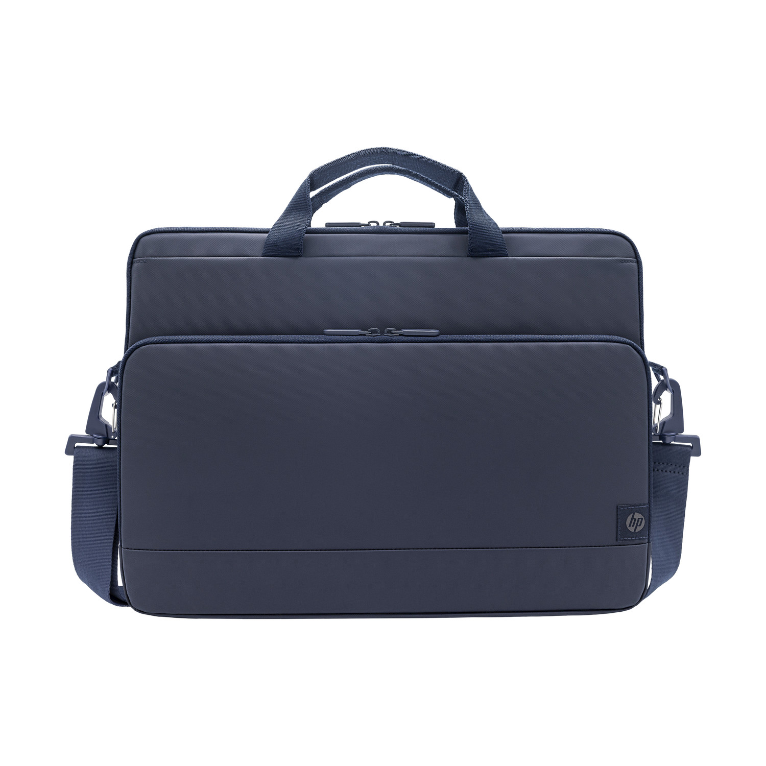 Borsa blu scuro per laptop con due manici e tracolla. Logo HP sulla parte anteriore.