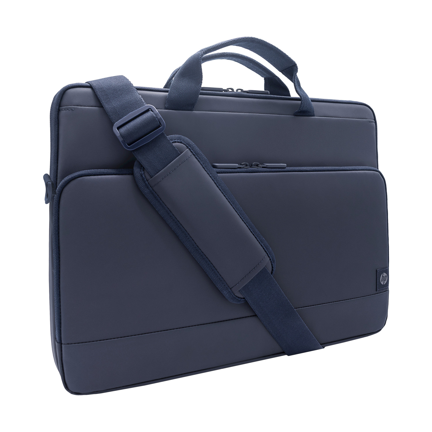Borsa blu scuro per laptop con manici e tracolla, logo HP.