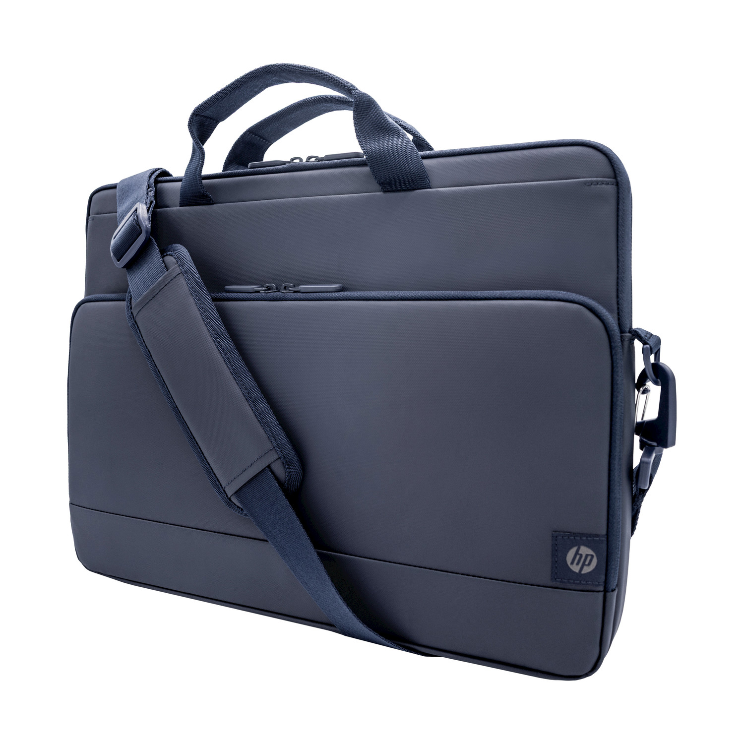 Una borsa per laptop blu scuro con manici e tracolla.