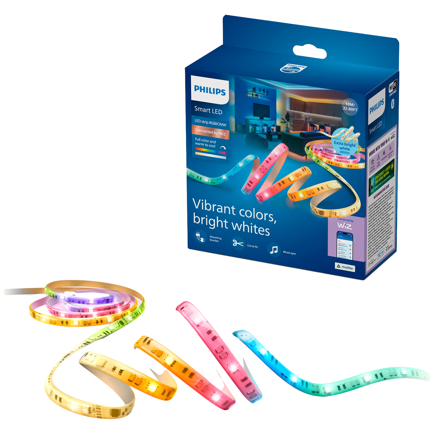 Philips Smart Lighting Led Strip - Lengte: 10m Rgbicww Gekleurd En Instelbaar Wit Licht Muzieksynchronisatie Werkt Met De WIZ App Wifi Slimme Ledstrip Meerkleurig
