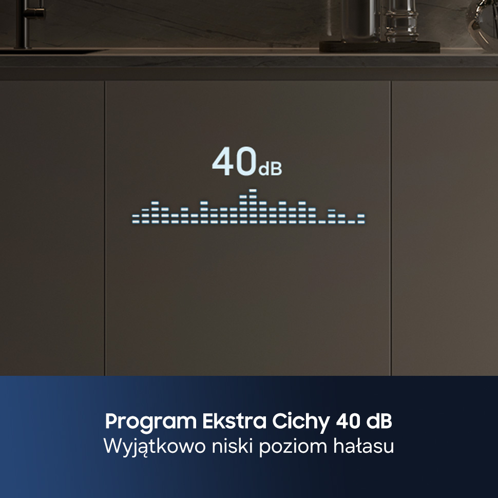 Wyświetlacz pokazuje '40dB' i wykres słupkowy. Poniżej napis 'Program Extra Cichy'.