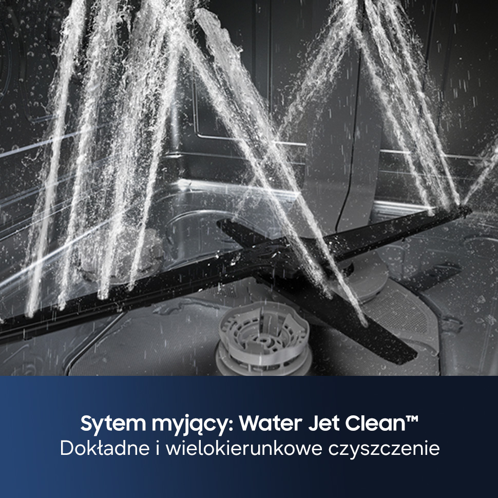 System czyszczenia strumieniem wody z ramionami natryskowymi wewnątrz zmywarki.