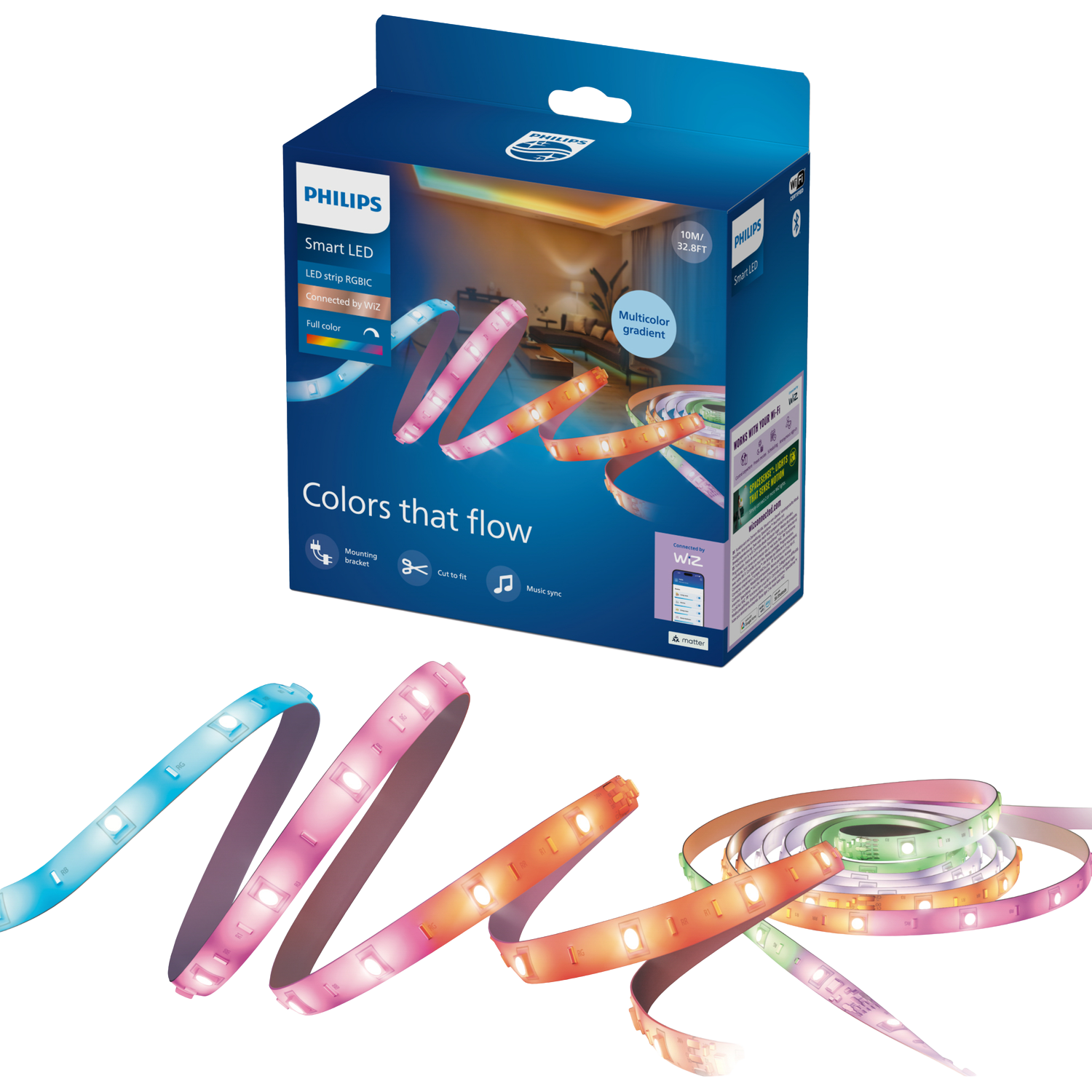 Philips Smart Lighting Led Strip - Lengte: 10m (5+5) Rgbic Gekleurd En Instelbaar Wit Licht Muzieksynchronisatie Werkt Met De WIZ App Wifi Slimme Ledstrip Meerkleurig