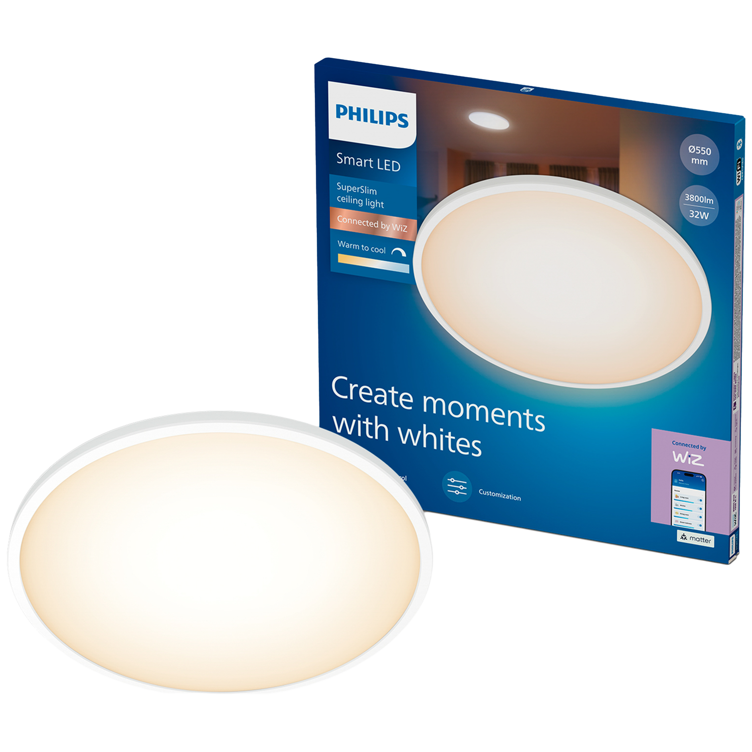 Philips Smart Lighting Superslim Plafondlamp - Warm- Tot Koelwit Licht Dimbaar Diameter: 55cm Wit 32w Rond Werkt Met De WIZ App Wifi Slimme Binnenarmatuur Warm