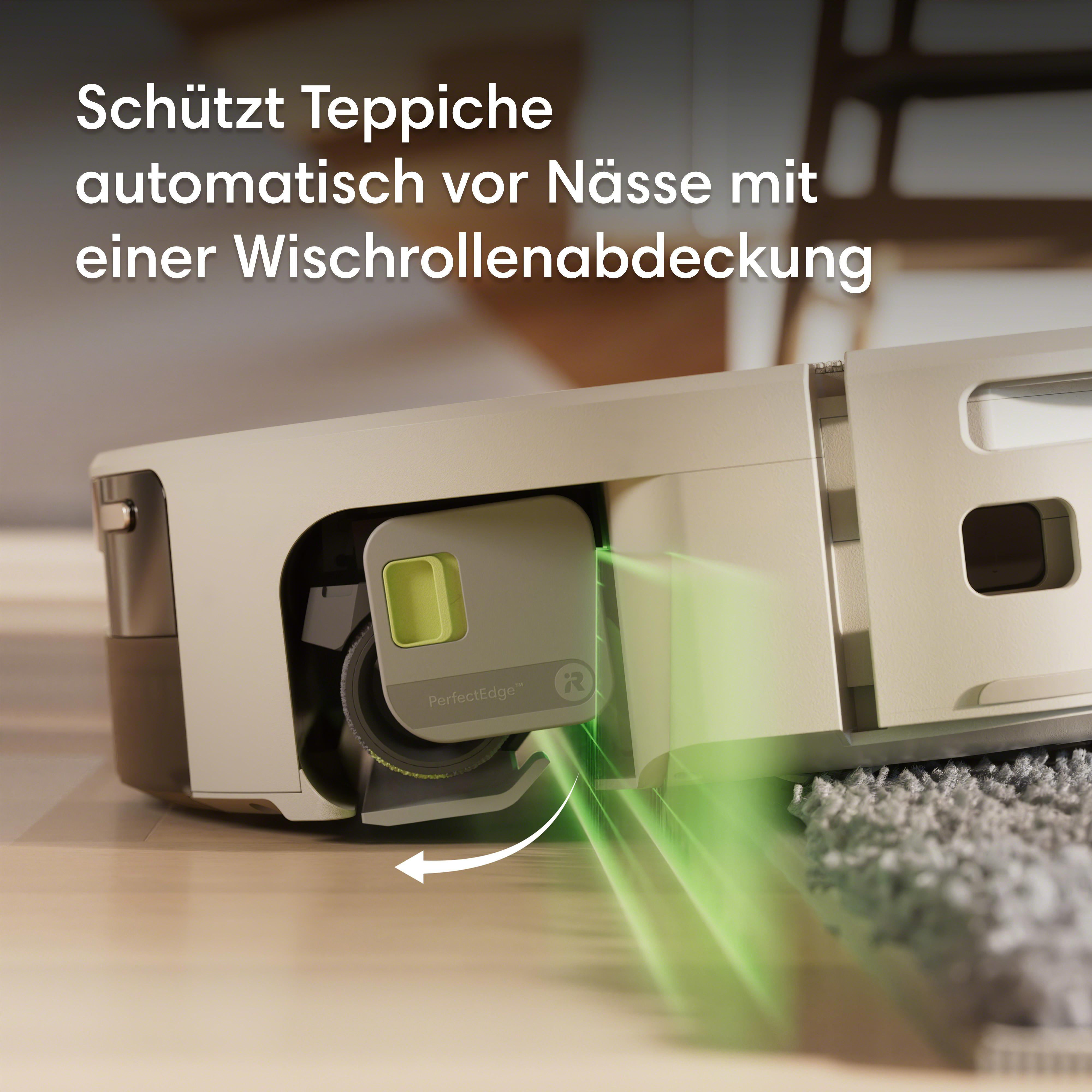 Ein Saugroboter mit einer Rolle und grünen Lichtstrahlen auf einem Teppich.