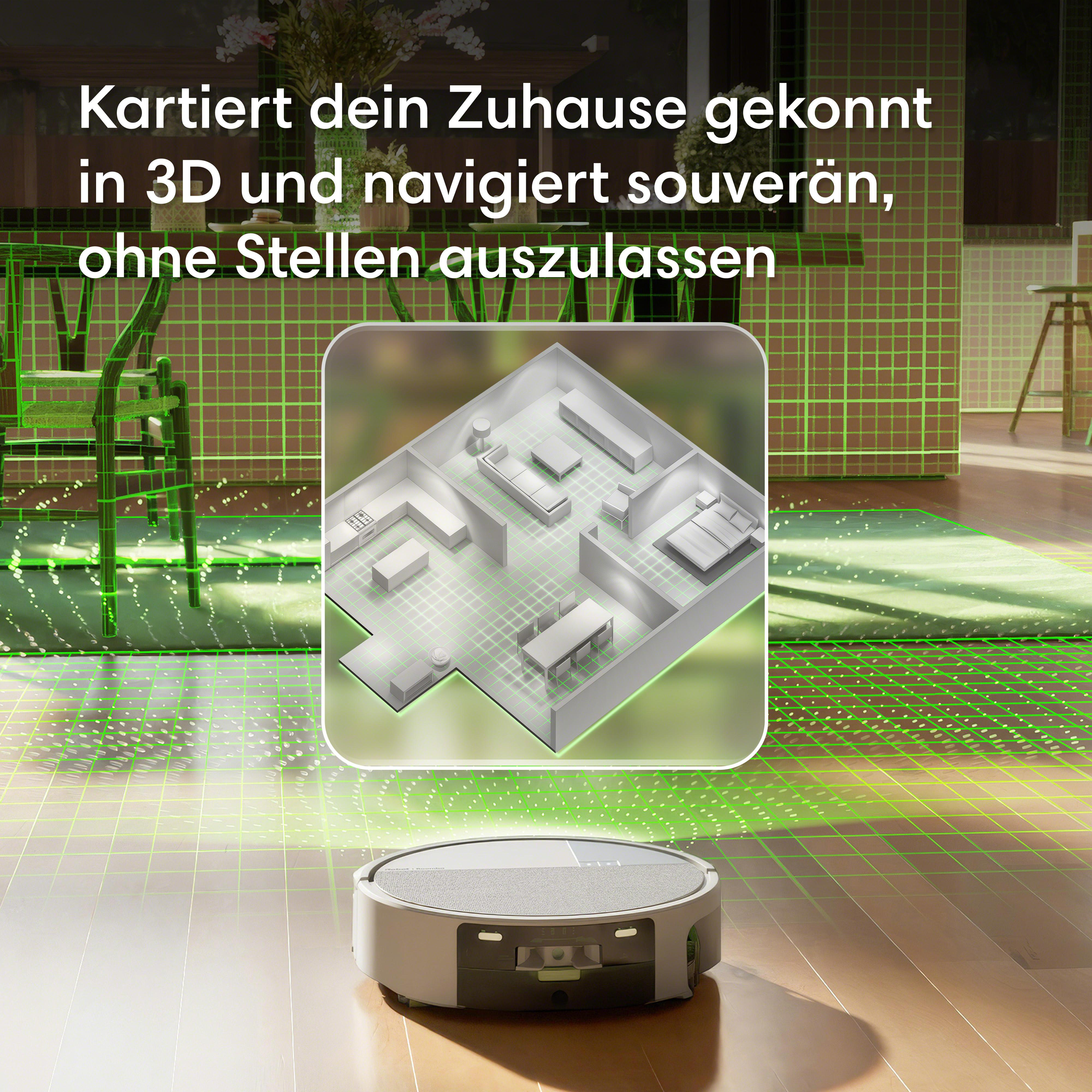 Saugroboter kartiert ein Haus in 3D mit grüner Gitterüberlagerung. Innenansicht zeigt Räume.