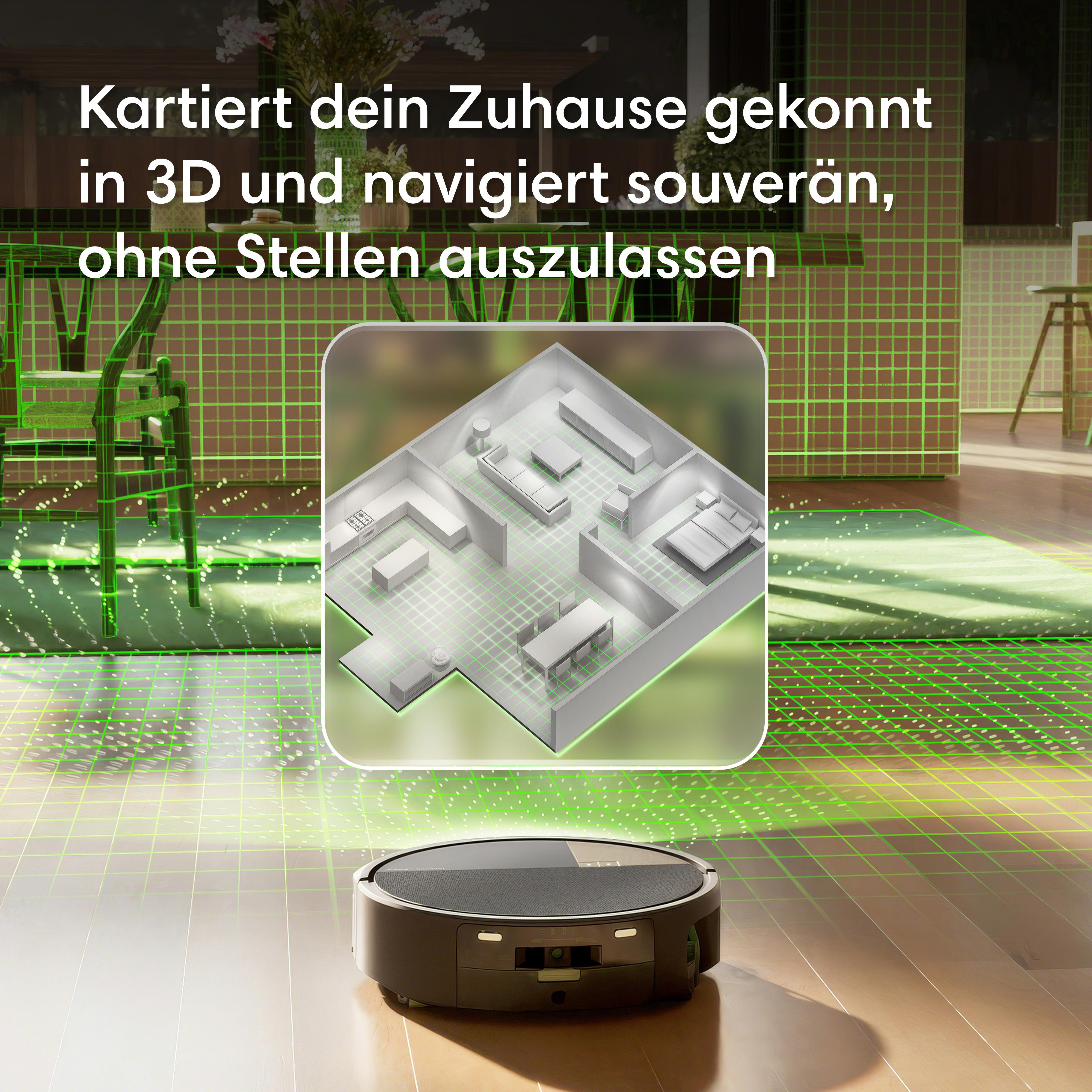 Ein Saugroboter scannt ein Haus mit einem 3D-Grundriss und grünen Lasergittern.