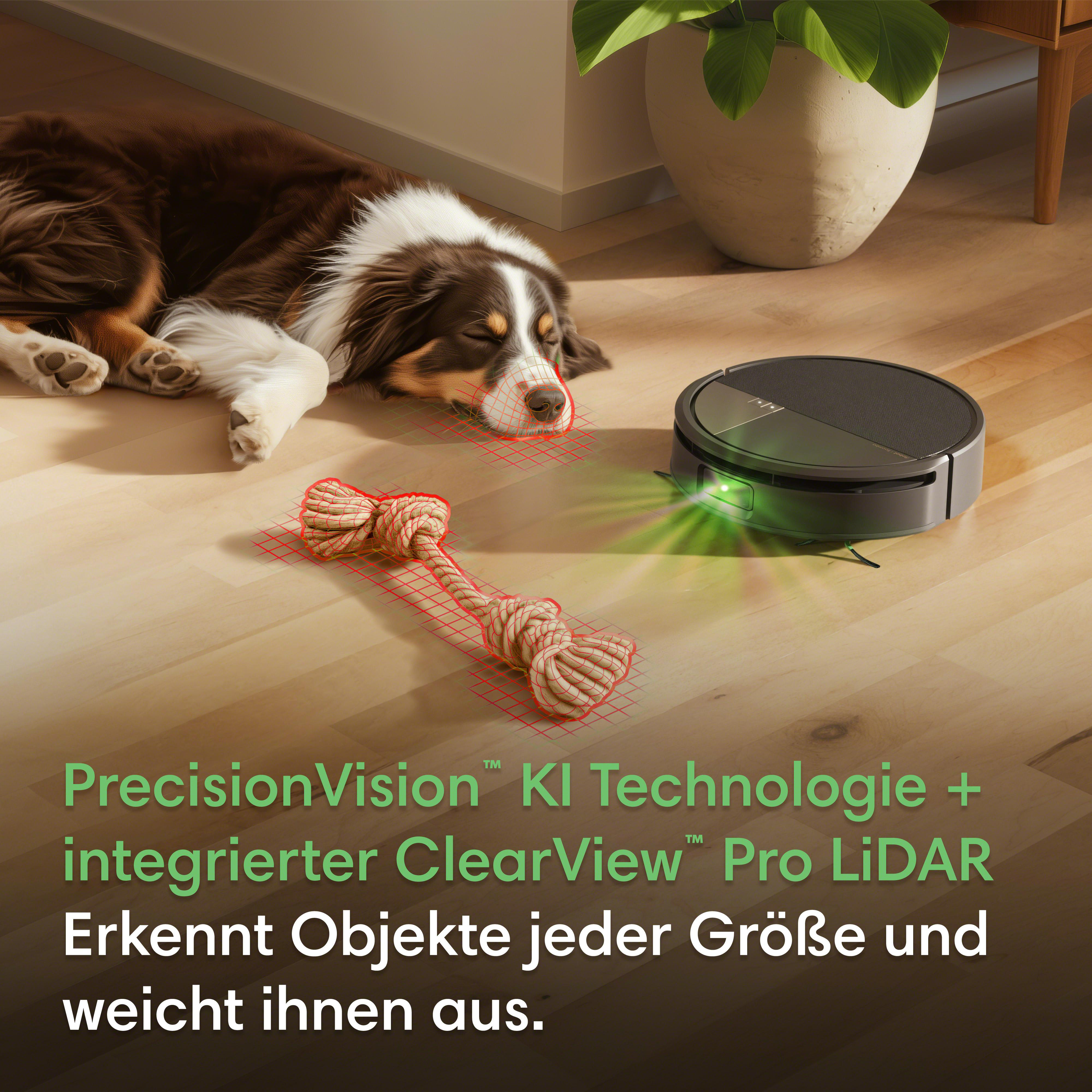 Ein Saugroboter mit grünen Lichtern scannt einen Hund und ein Seil.