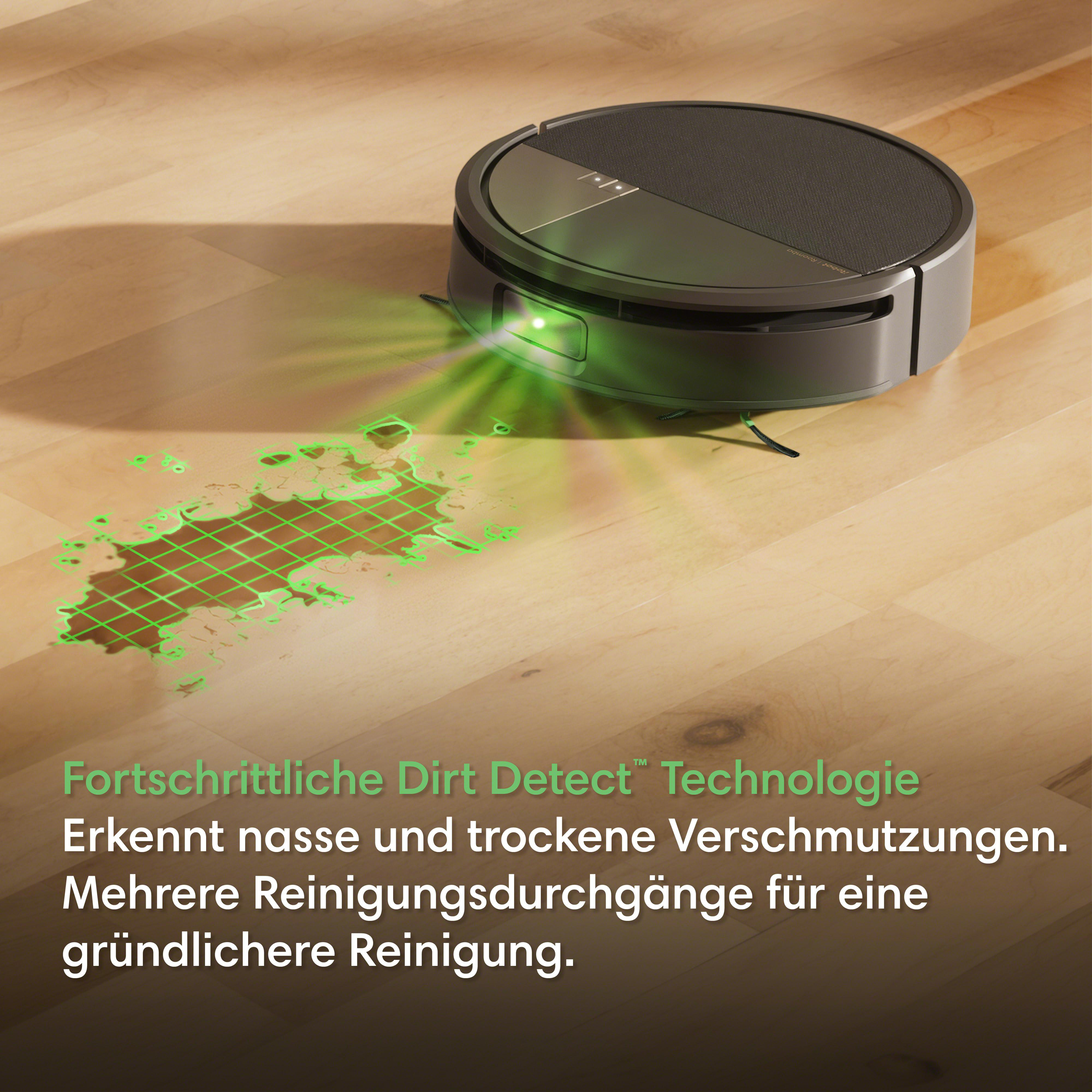Ein Saugroboter erkennt nasse Flecken auf dem Holzboden mit grüner Technologie.