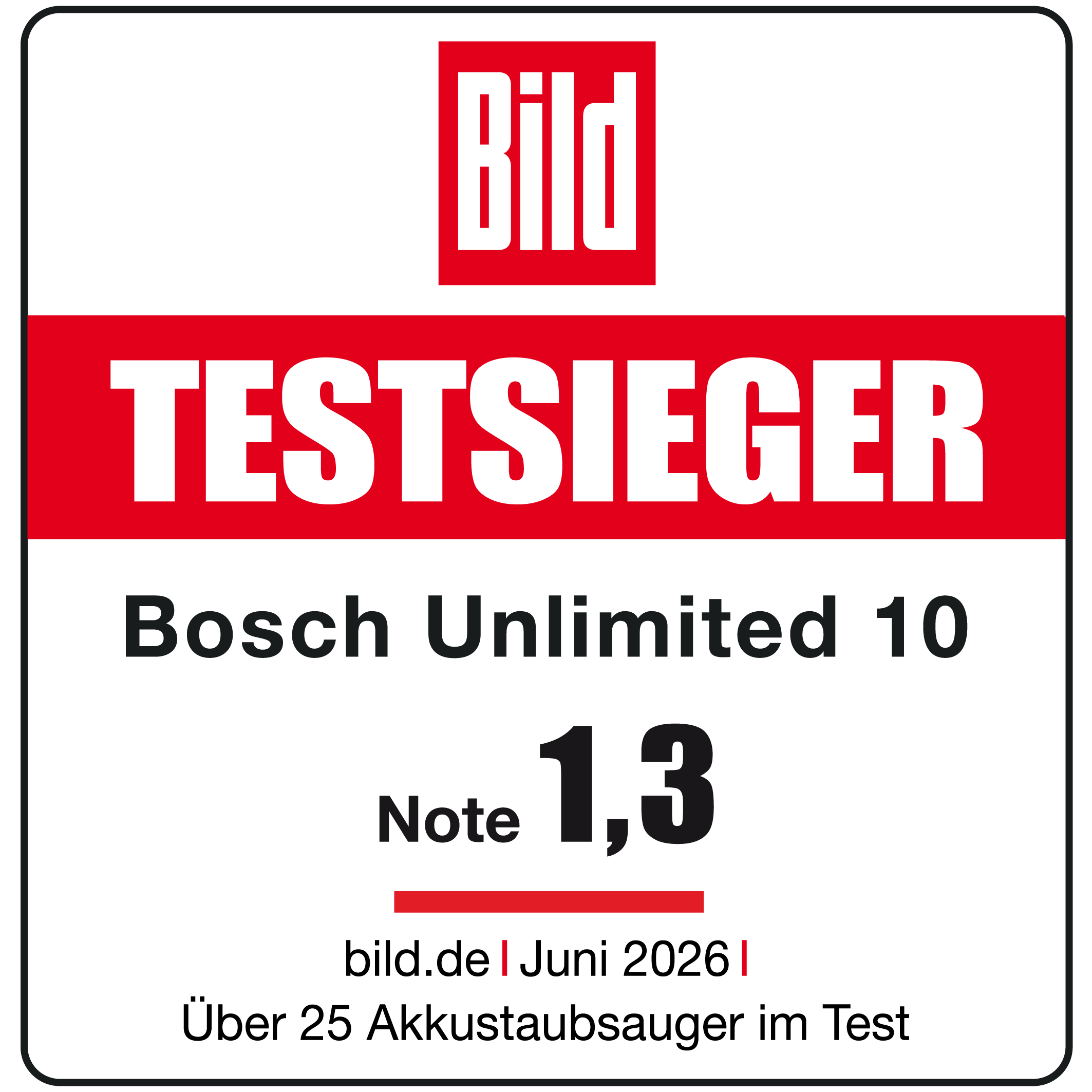 Bild Testsieger Bosch Unlimited 10 Note 1,3. Juni 2026.