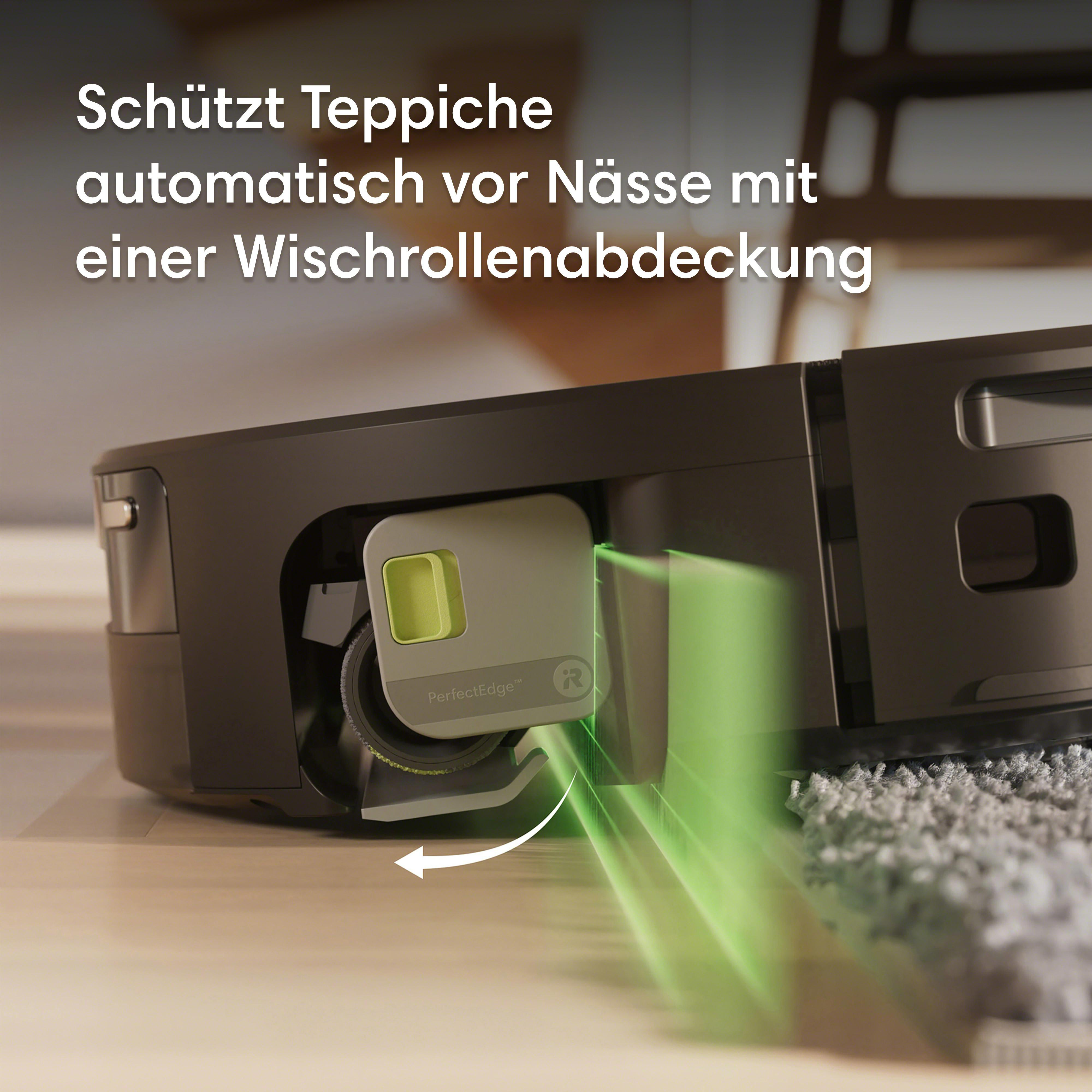 Ein Saugroboter mit grüner Laserlinie reinigt einen Teppich und eine Fliese.