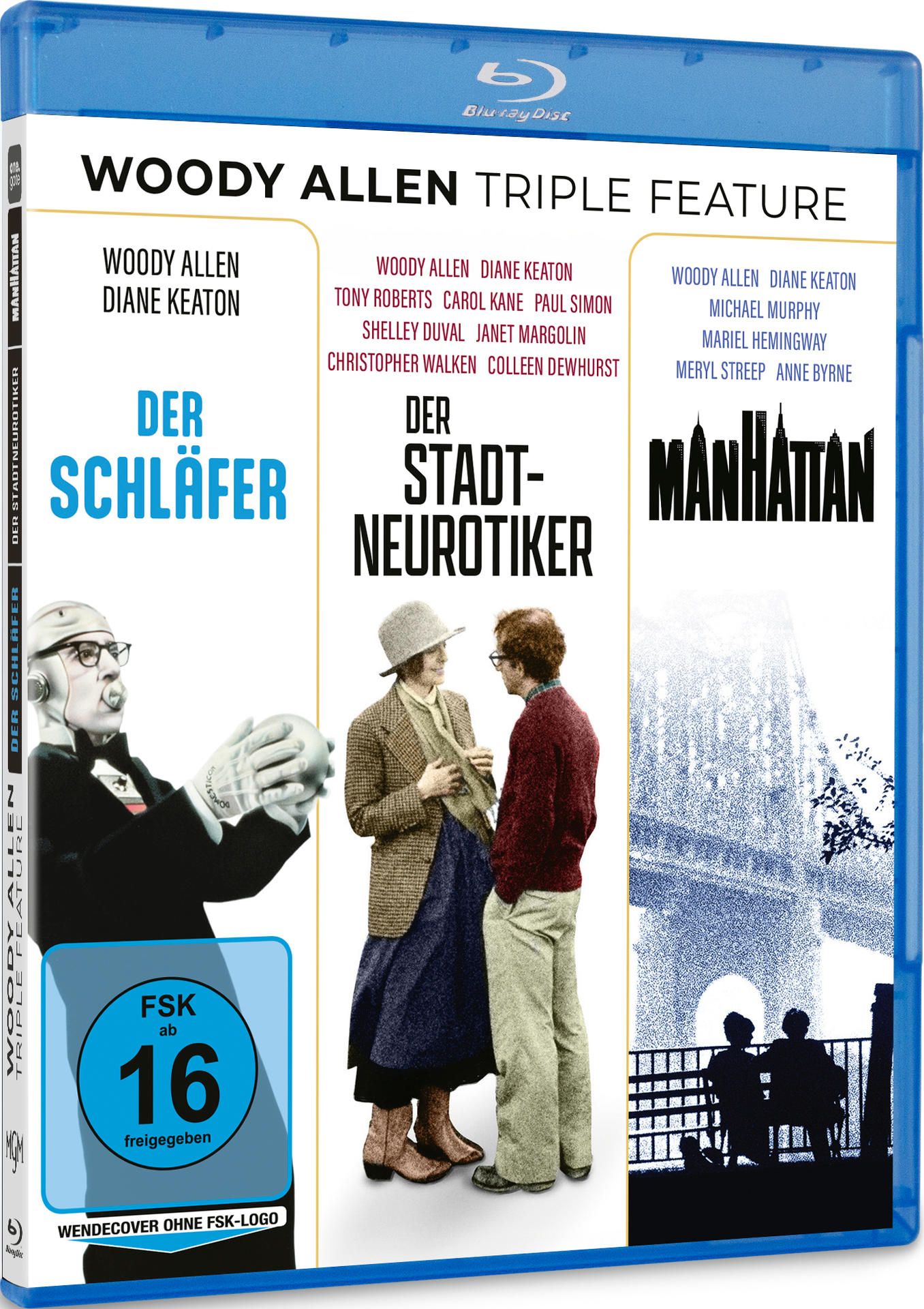 Blu-ray Hülle: Woody Allen Triple Feature mit Der Schläfer, Der Stadtneurotiker, Manhattan.