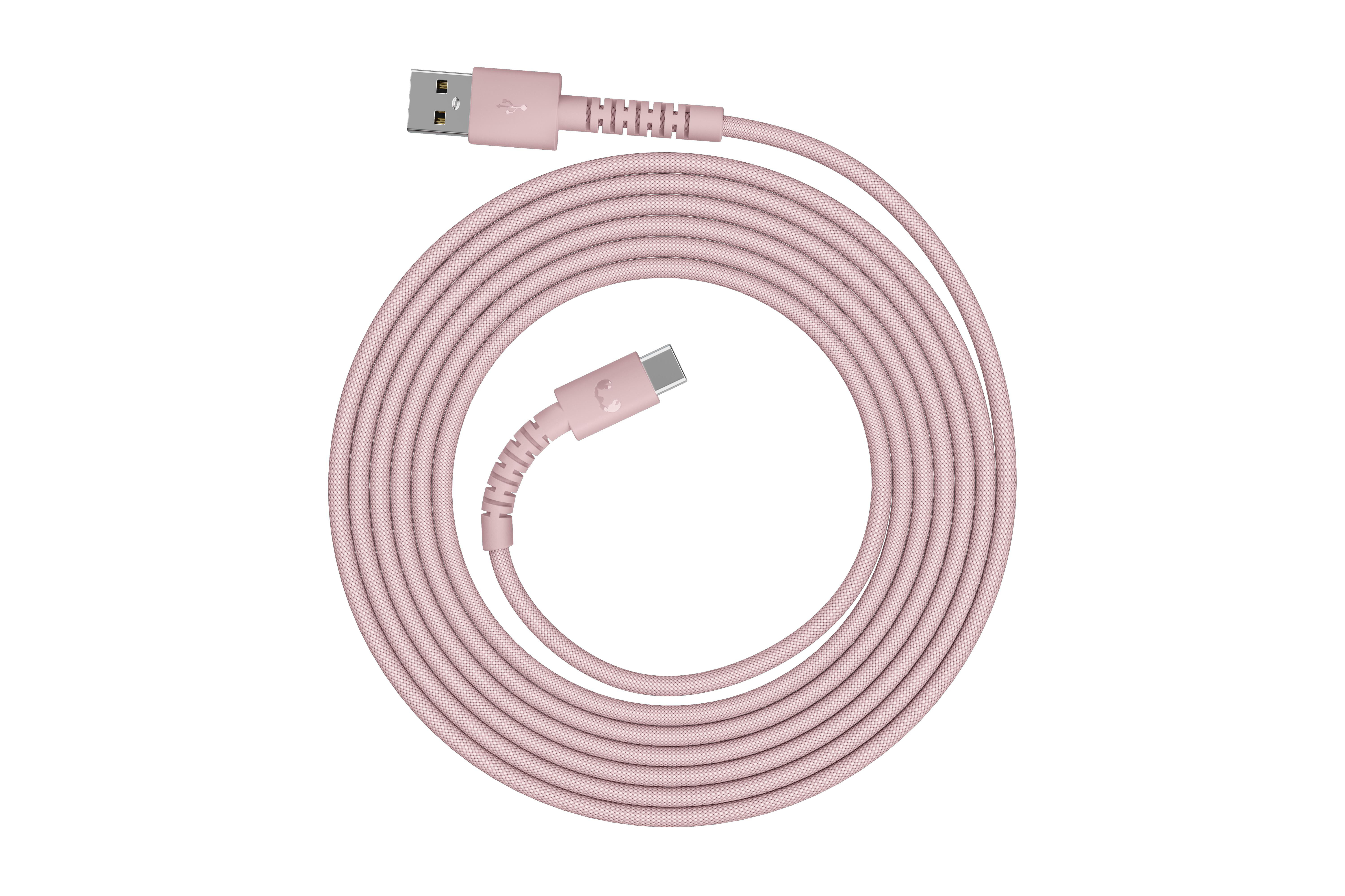 Ein rosafarbener USB-C-zu-USB-A-Kabel, aufgerollt.