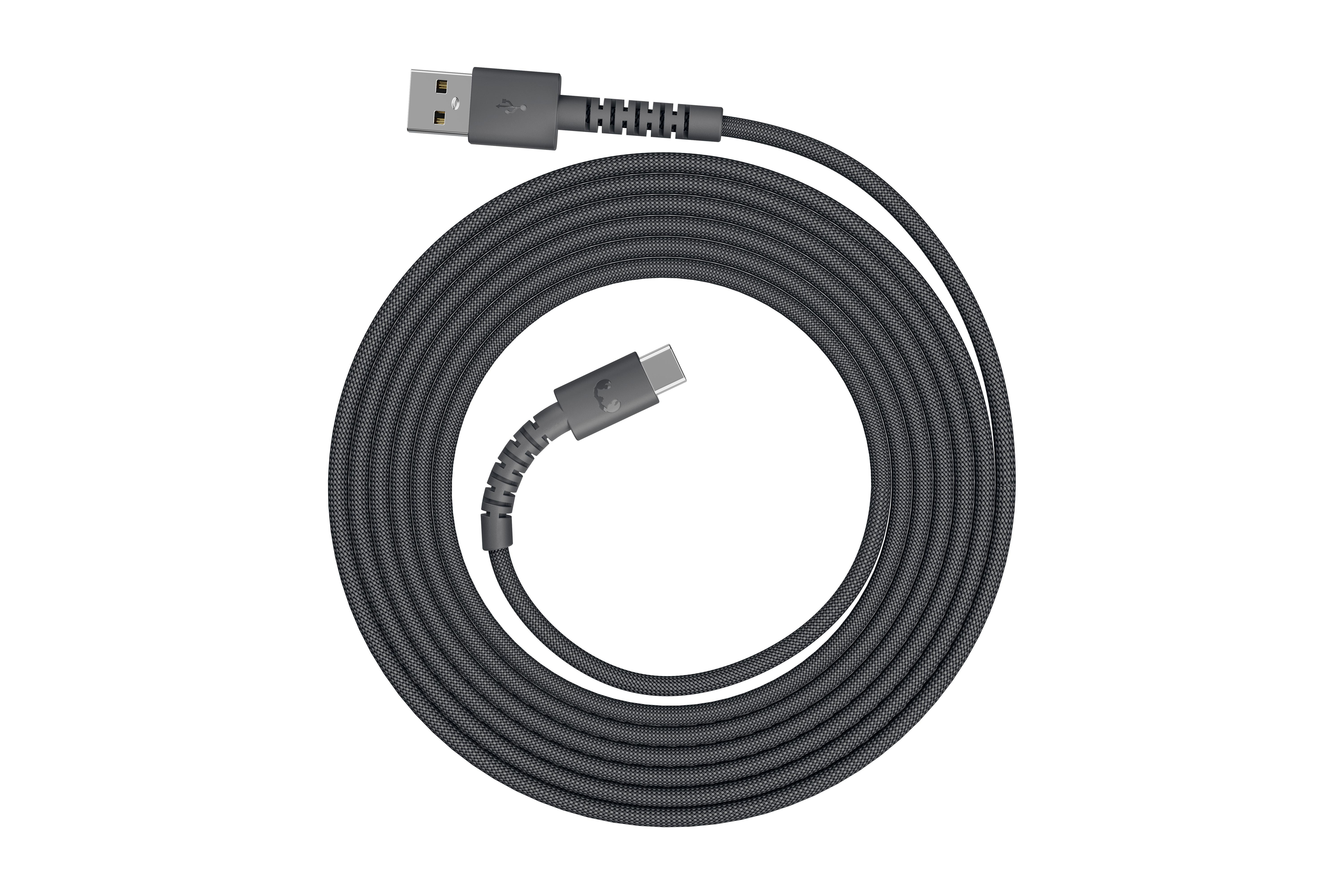 Ein graues USB-A-zu-USB-C-Kabel mit Stoffummantelung, aufgerollt.